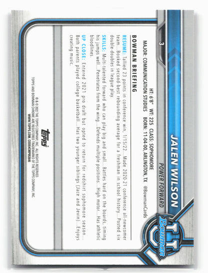 2021-22 Bowman University #3 Jalen Wilson Pink