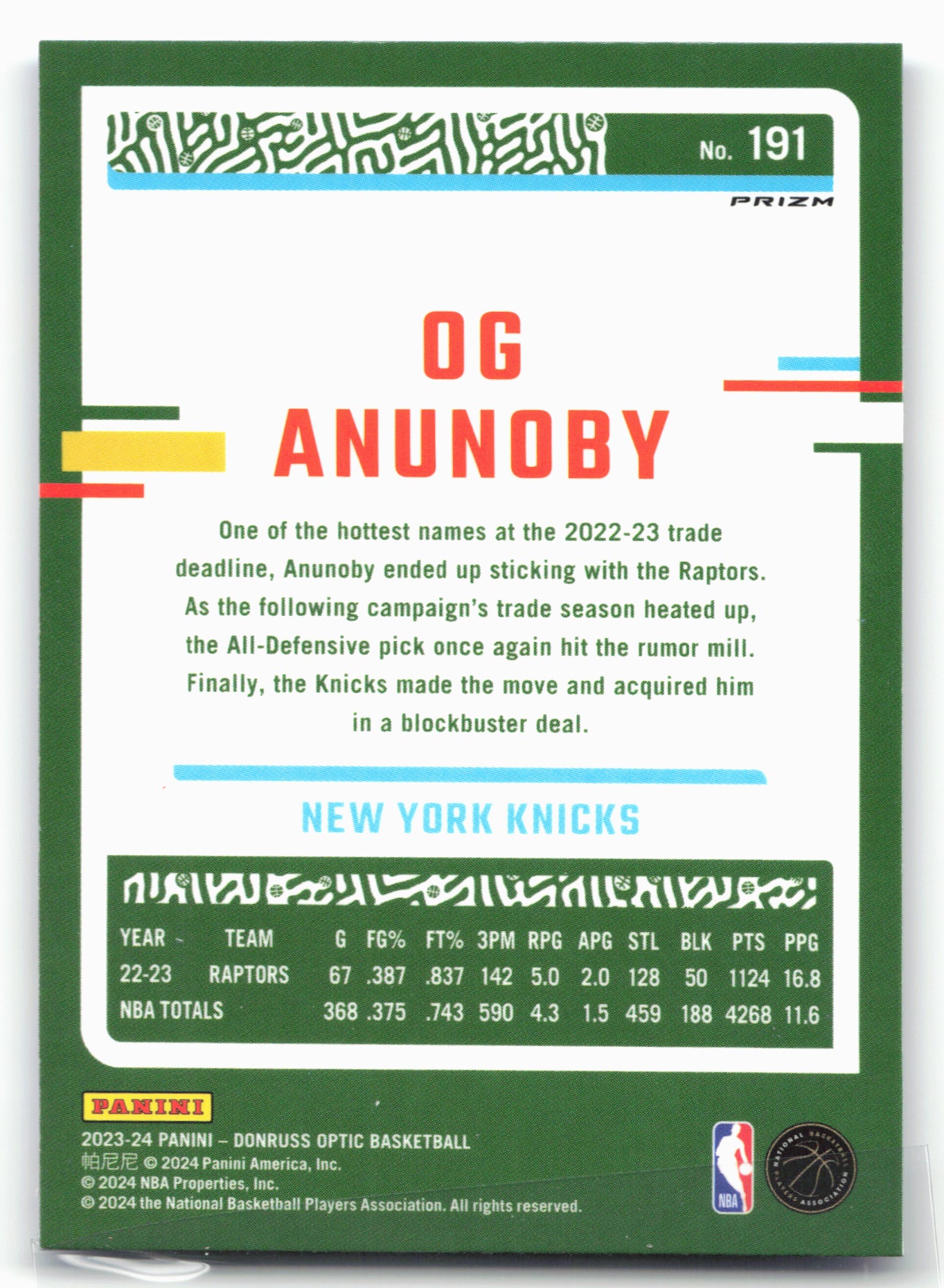 2023-24 Donruss Optic #191 OG Anunoby Blue Velocity