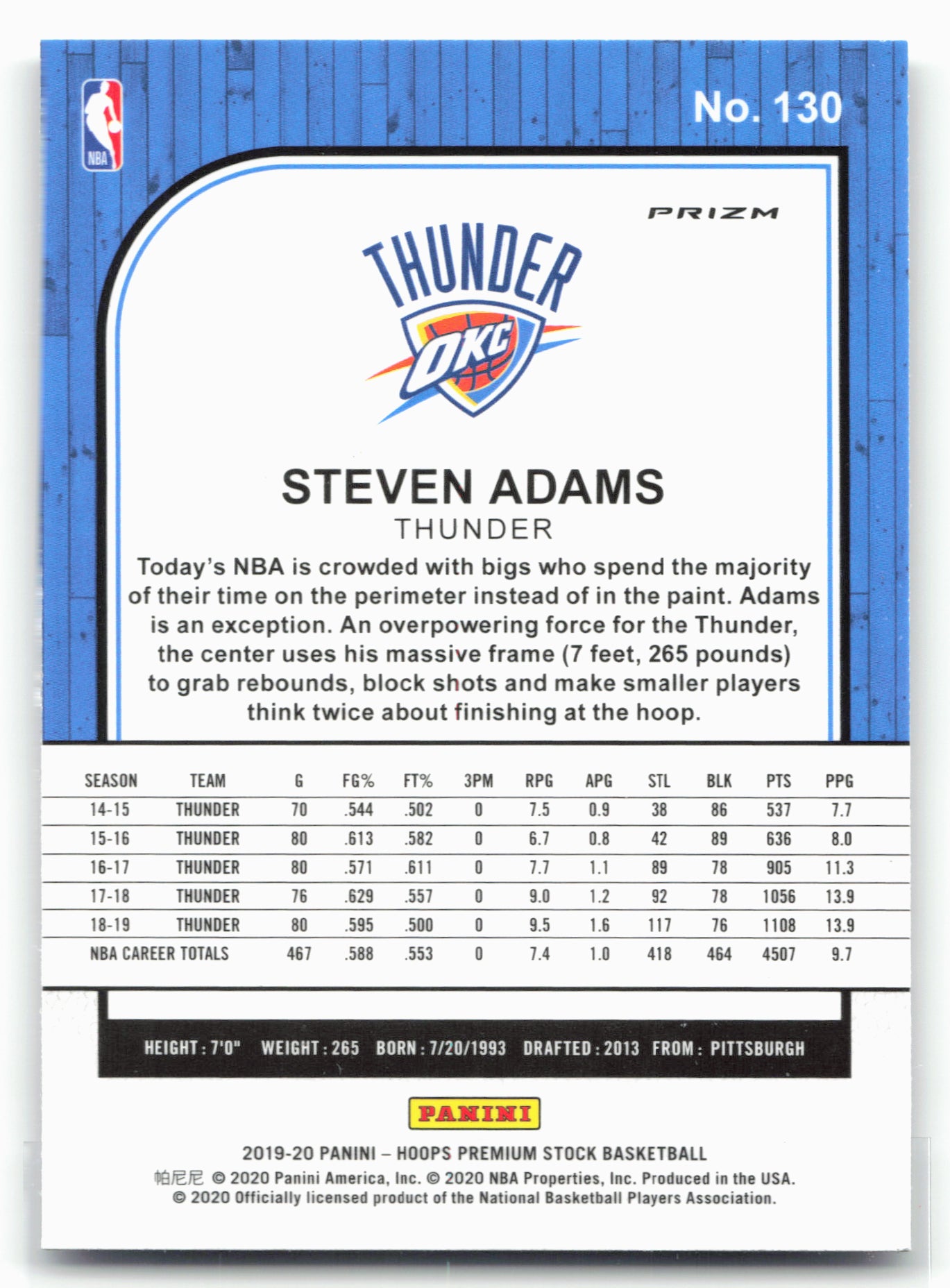 2019-20 Hoops Premium Stock #130 Steven Adams Prizms Silver Laser