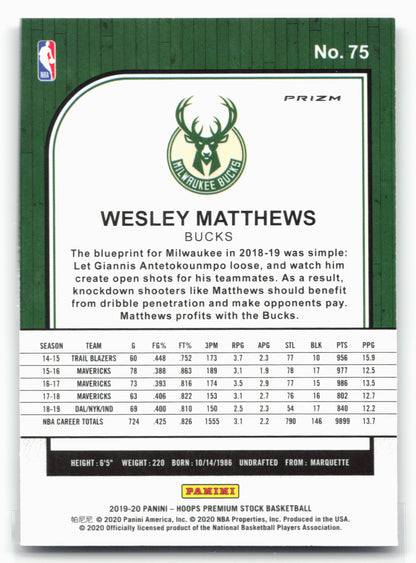 2019-20 Hoops Premium Stock #75 Wesley Matthews Prizms Silver Laser