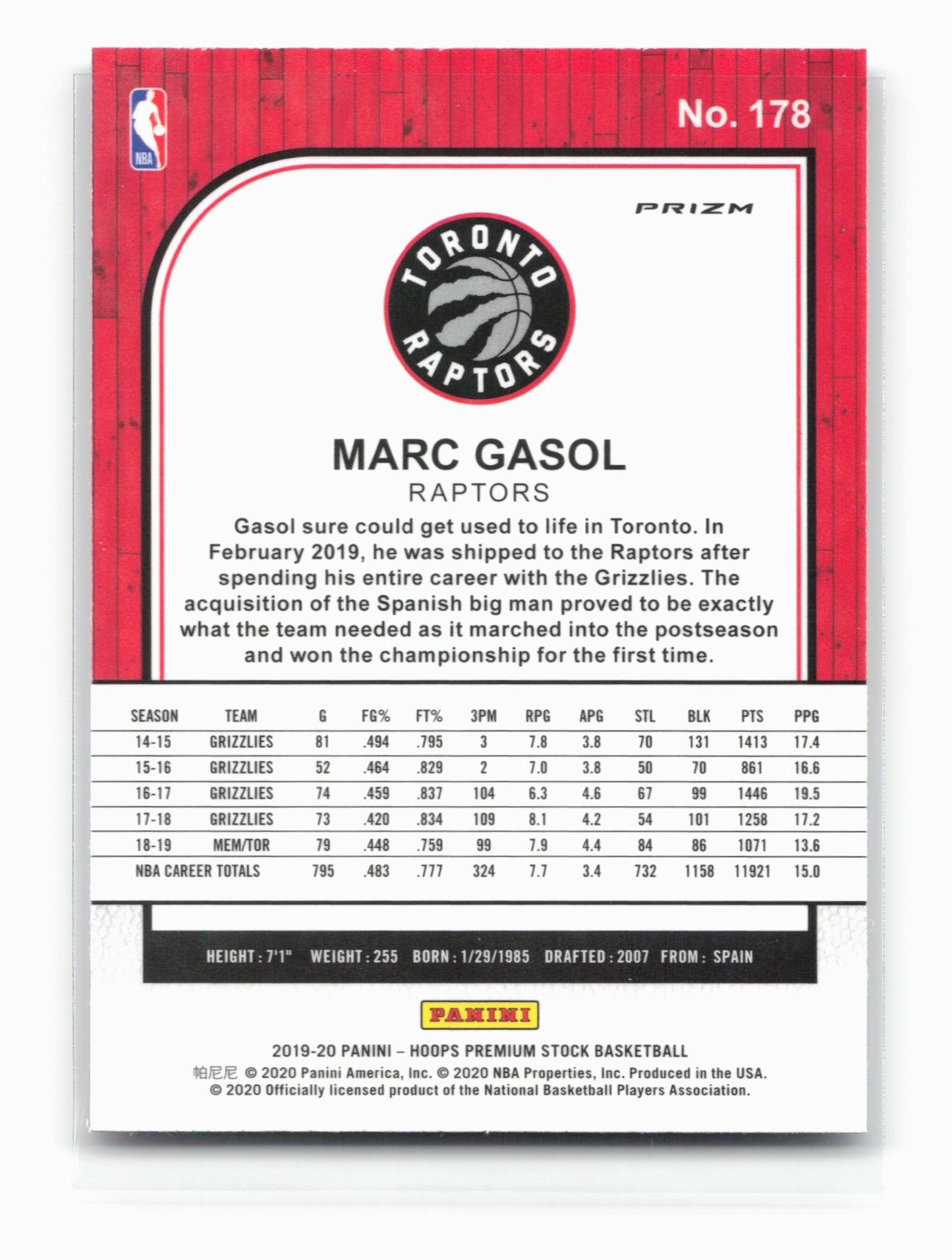 2019-20 Hoops Premium Stock #178 Marc Gasol Prizms Silver