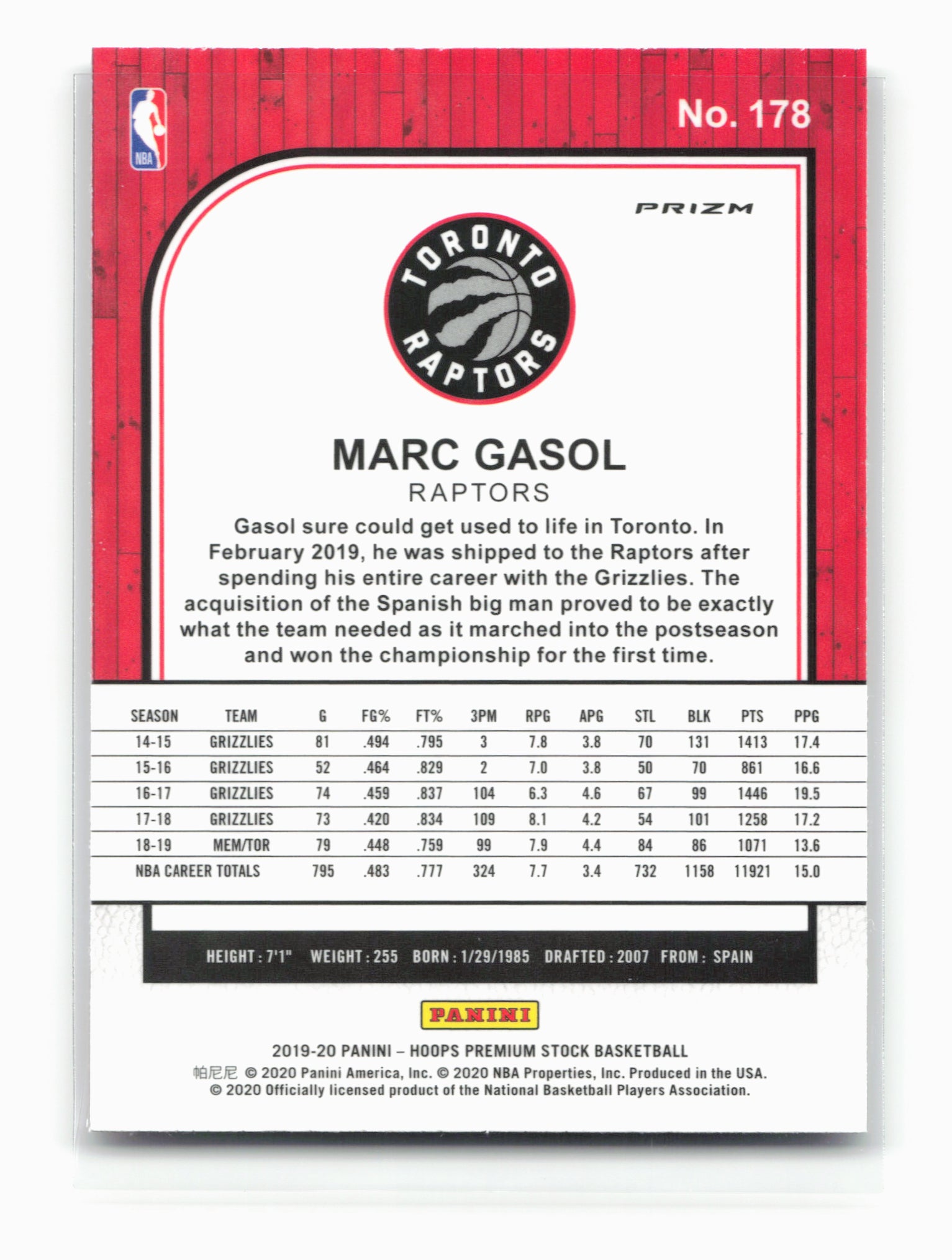 2019-20 Hoops Premium Stock #178 Marc Gasol Prizms Silver