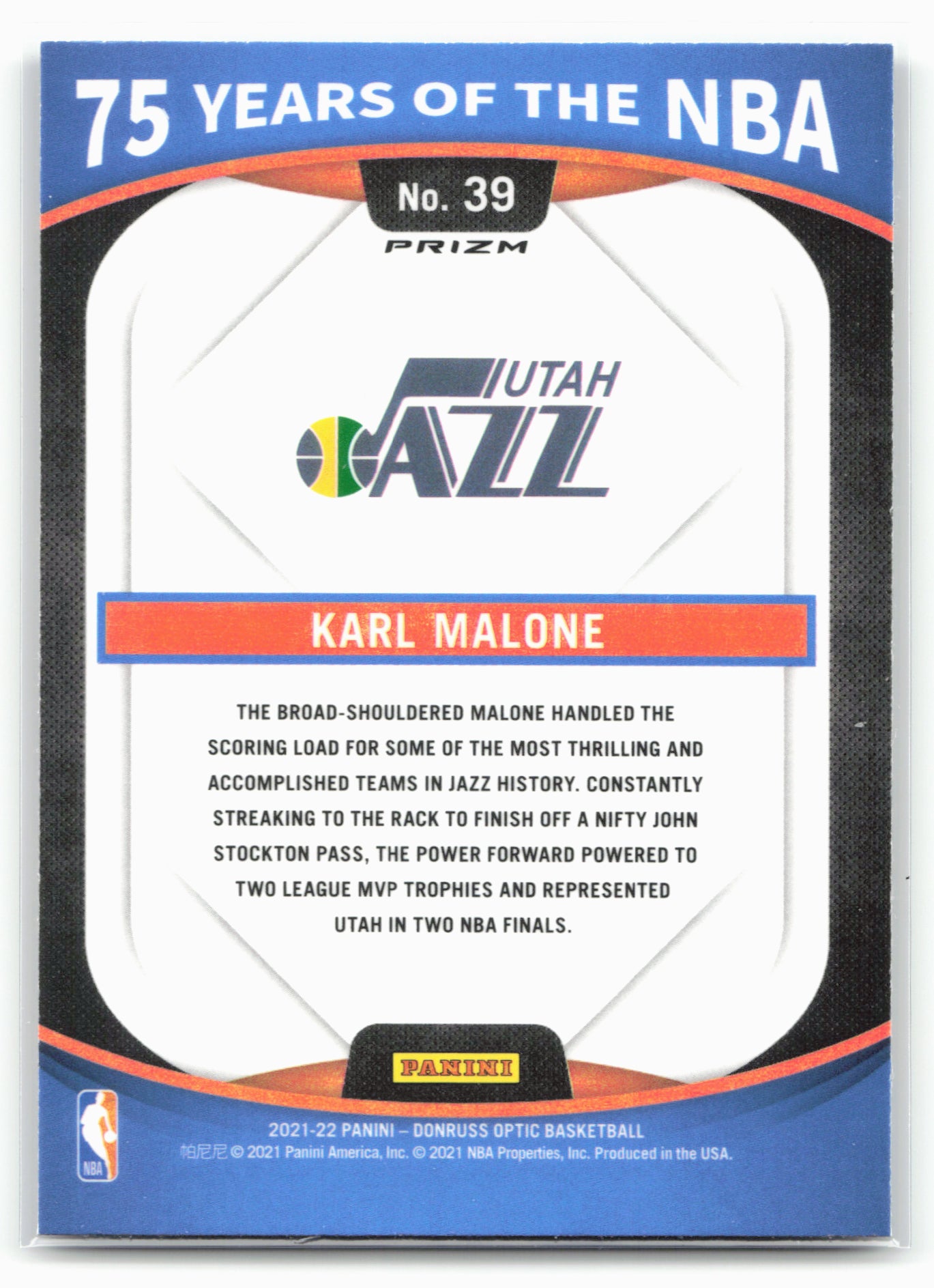 2021-22 Panini Prizm #39 Karl Malone 75 Years of the NBA (Donruss Optic)