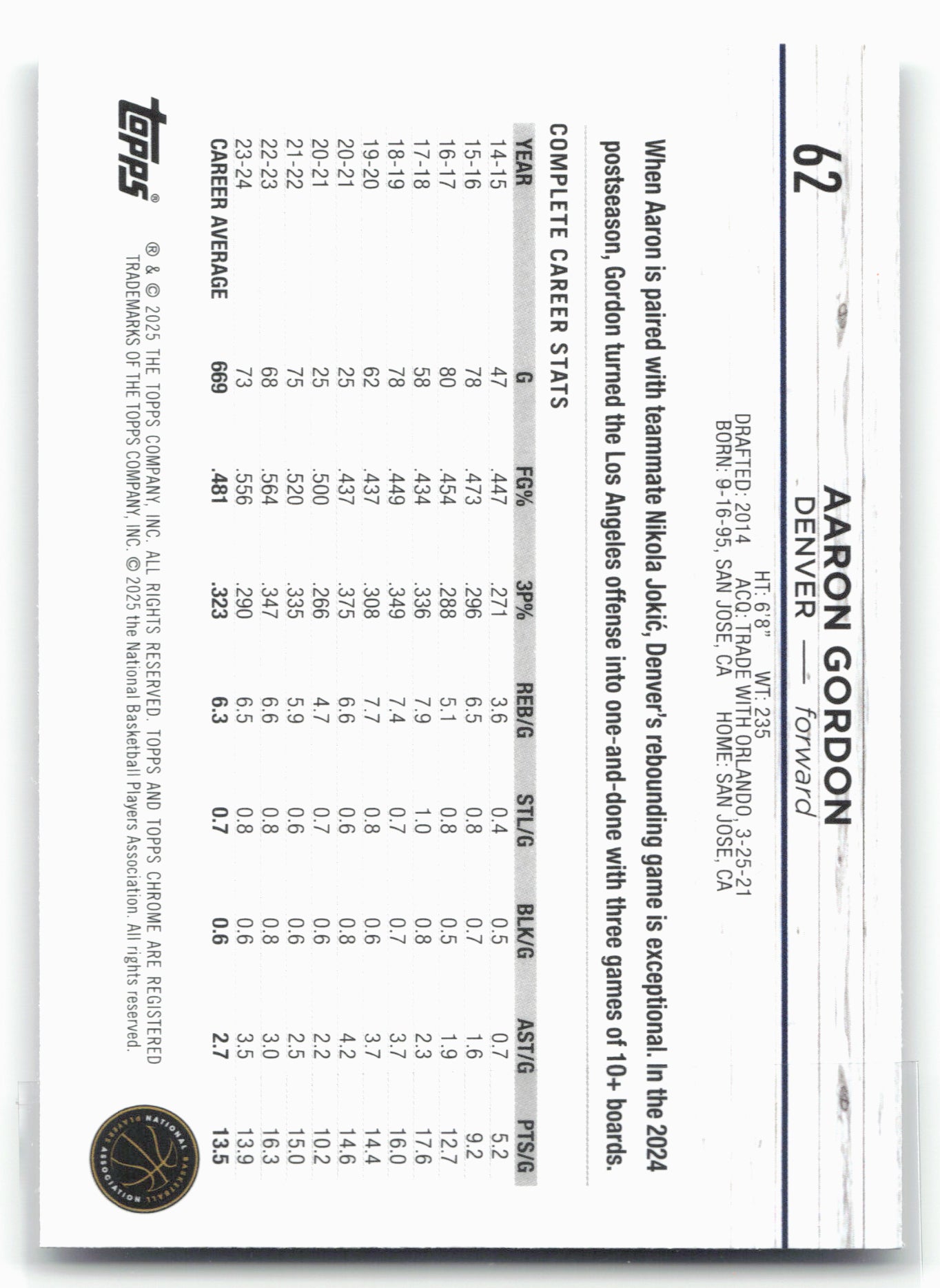 2024-25 Topps Chrome #62 Aaron Gordon