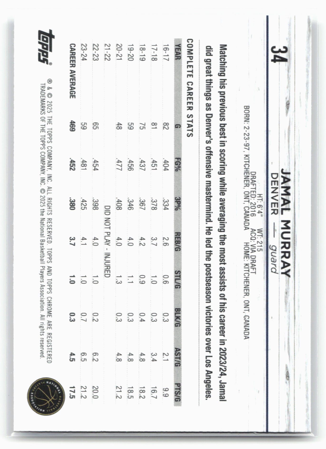 2024-25 Topps Chrome #34 Jamal Murray Purple Sonar Refractor #/299