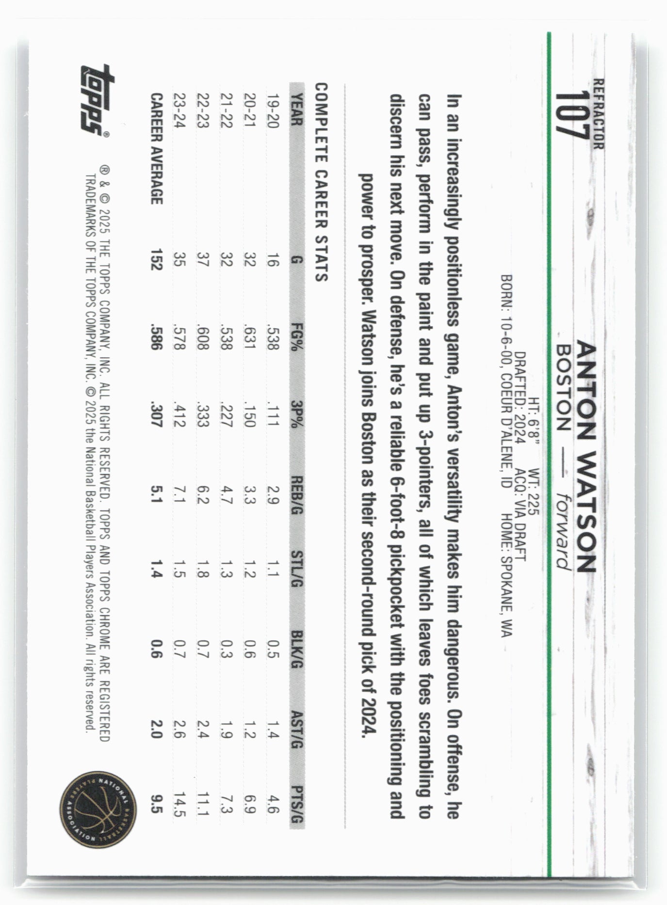 2024-25 Topps Chrome #107 Anton Watson Refractor