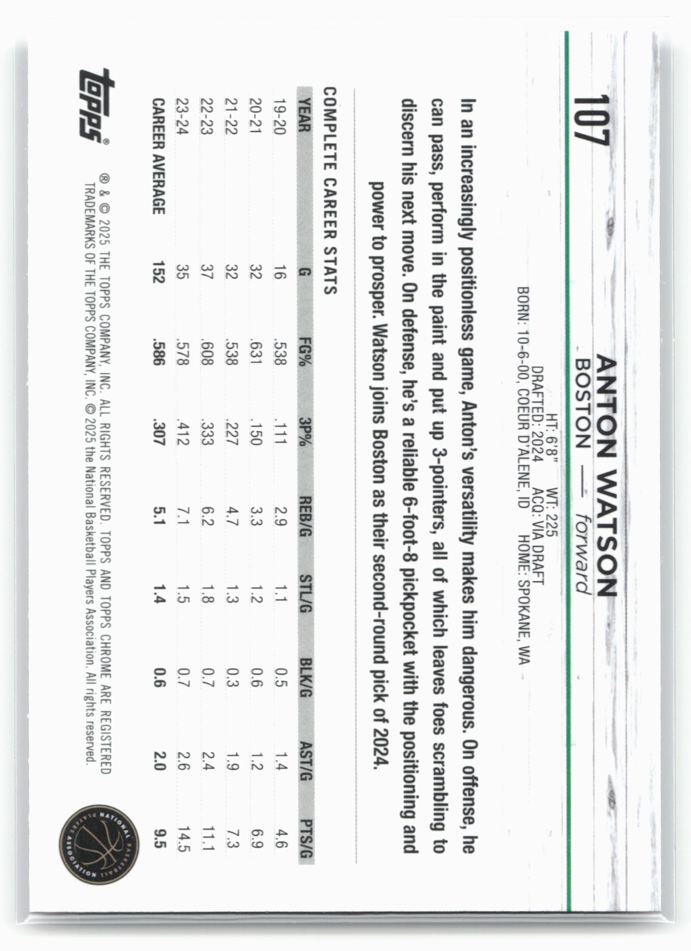 2024-25 Topps Chrome #107 Anton Watson Purple Refractor