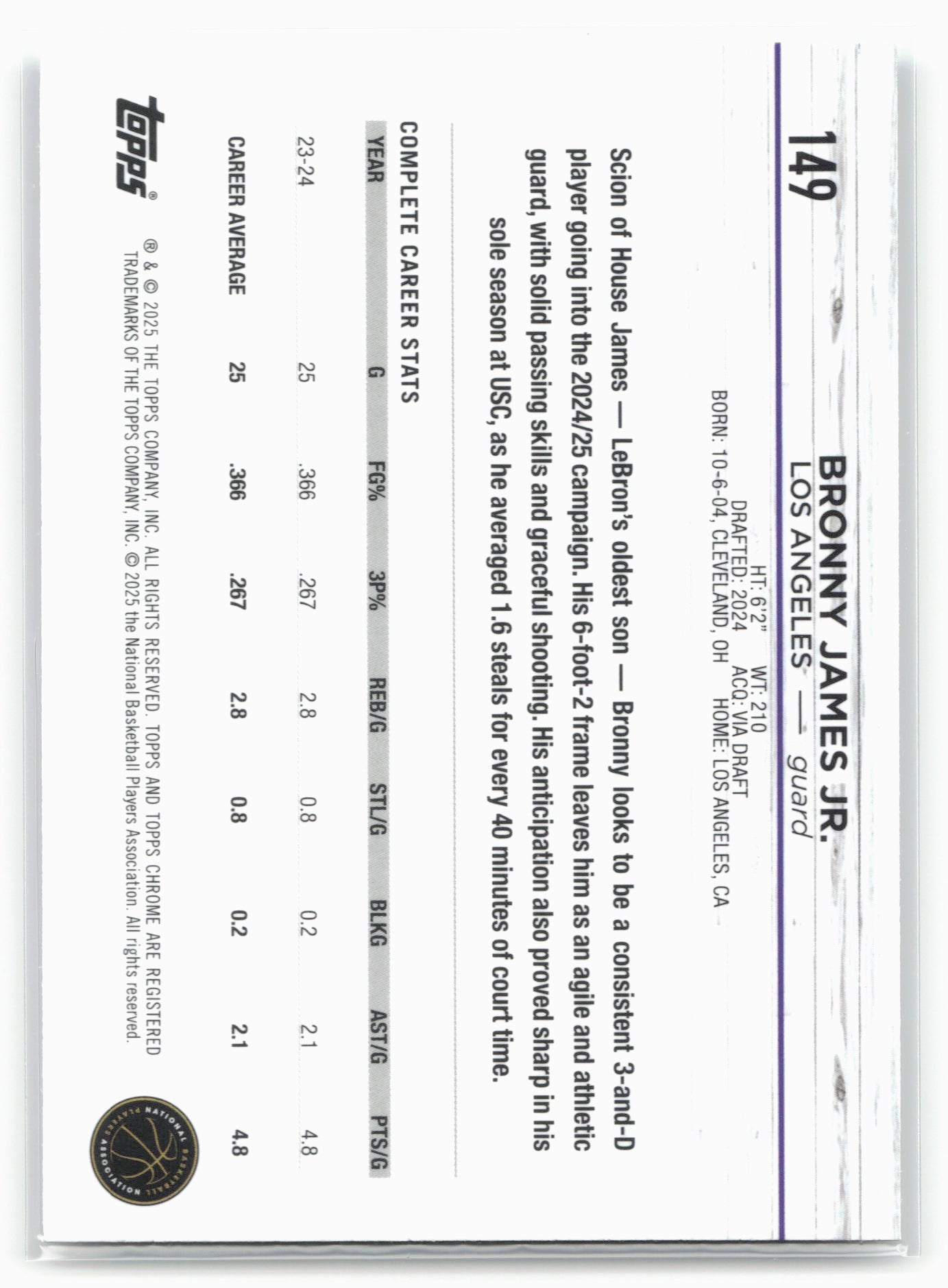 2024-25 Topps Chrome #149 Bronny James Jr.