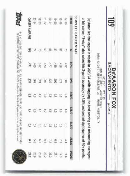 2024-25 Topps Chrome #109 De'Aaron Fox