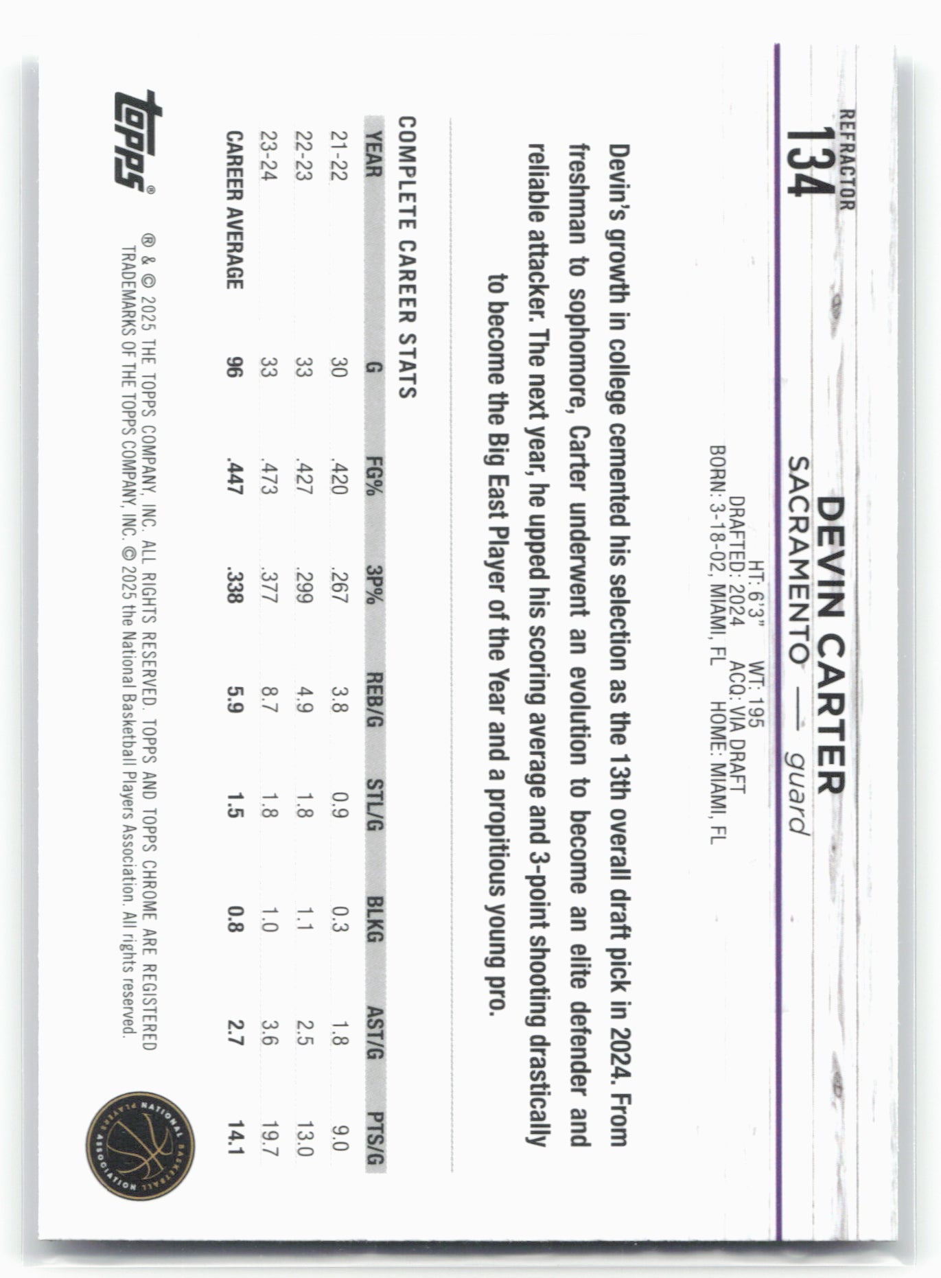 2024-25 Topps Chrome #134 Devin Carter Refractor