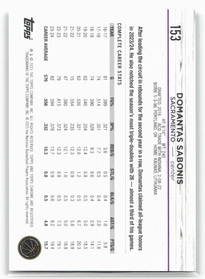 2024-25 Topps Chrome #153 Domantas Sabonis Black Refractor #/10