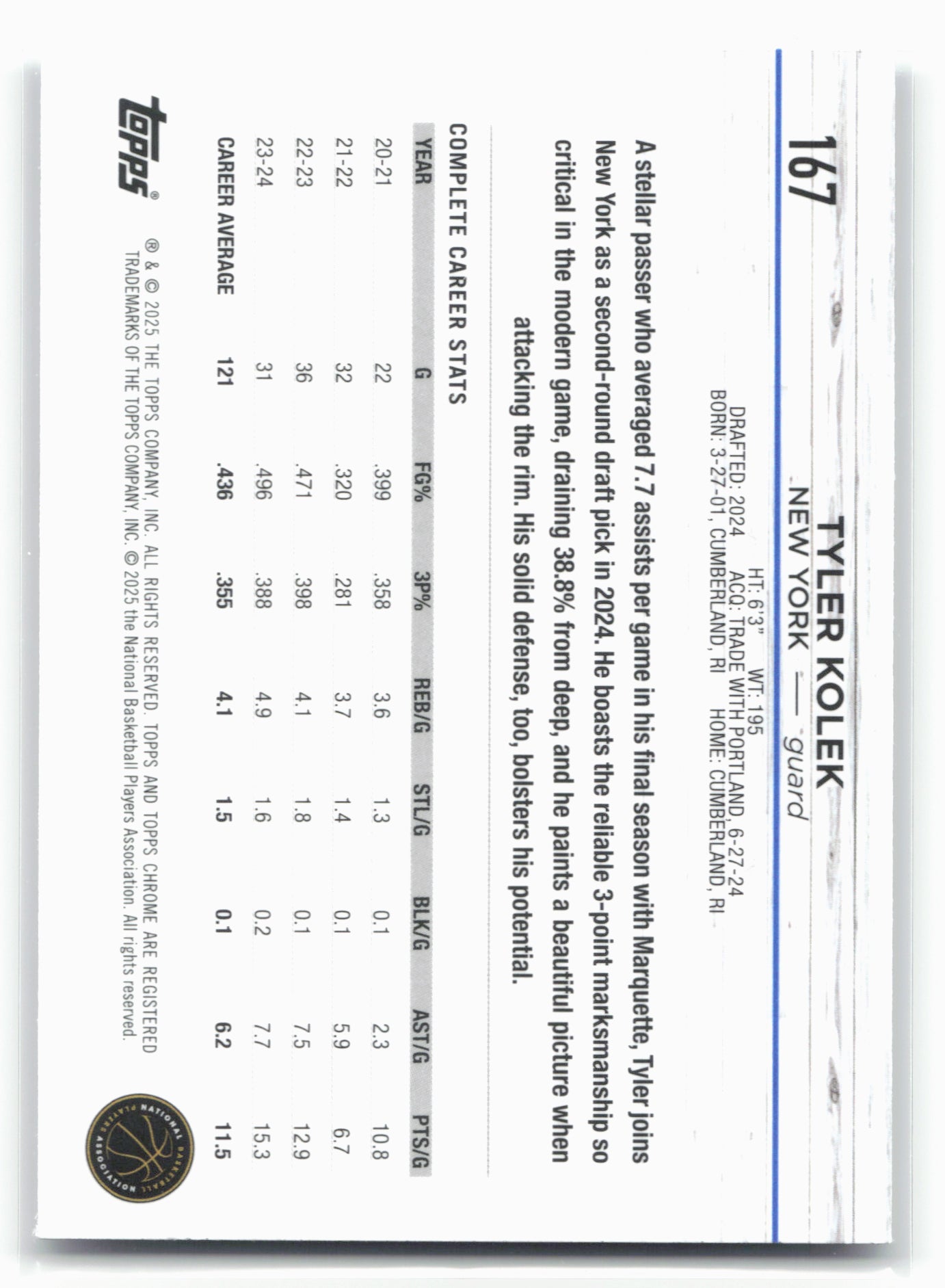 2024-25 Topps Chrome #167 Tyler Kolek