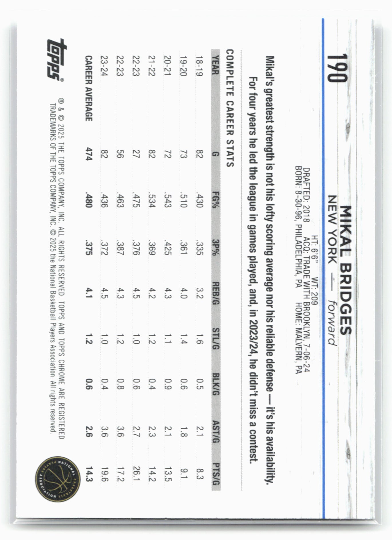 2024-25 Topps Chrome #190 Mikal Bridges Prism Refractor