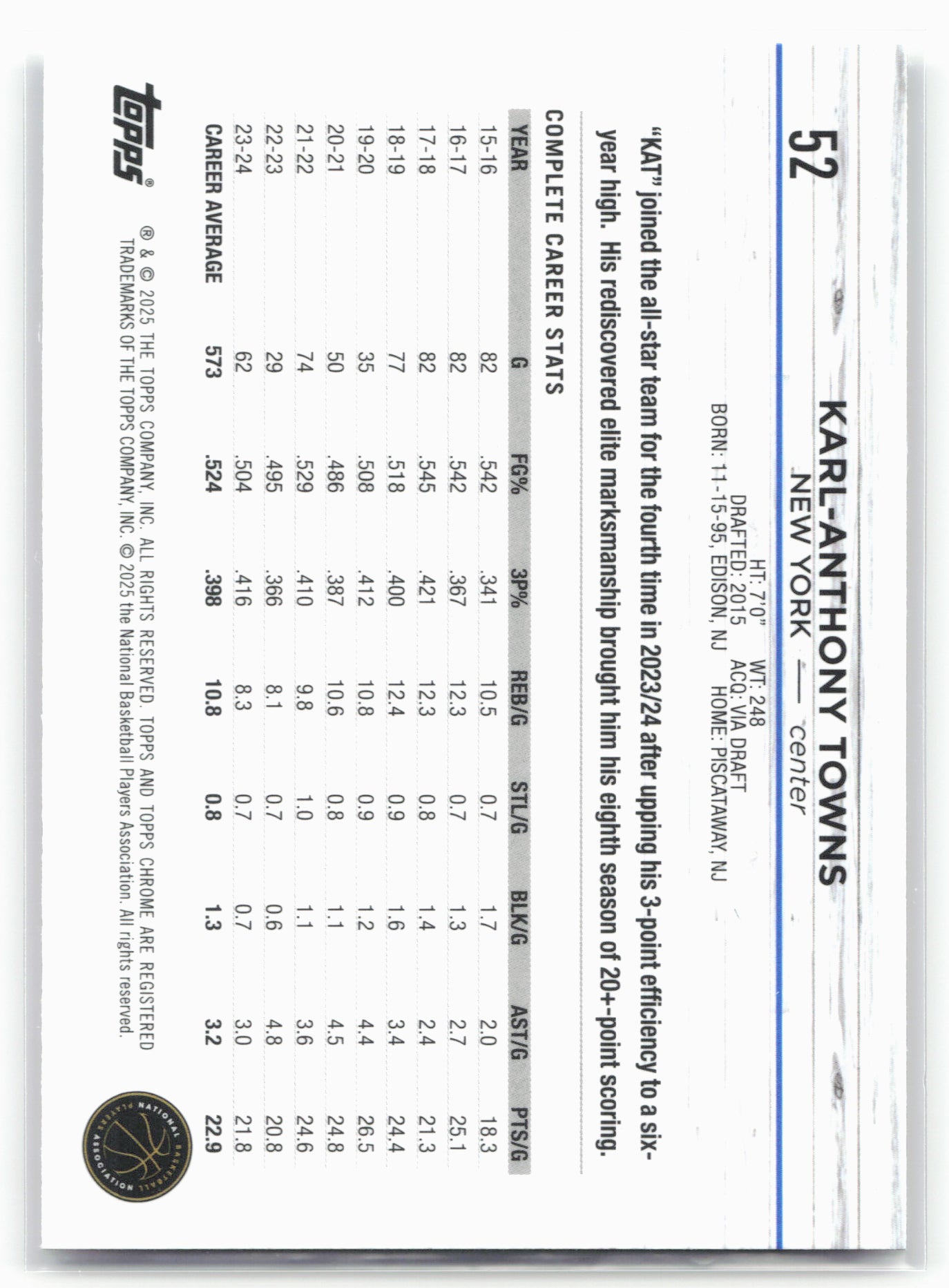 2024-25 Topps Chrome #52 Karl-Anthony Towns Pink Refractor