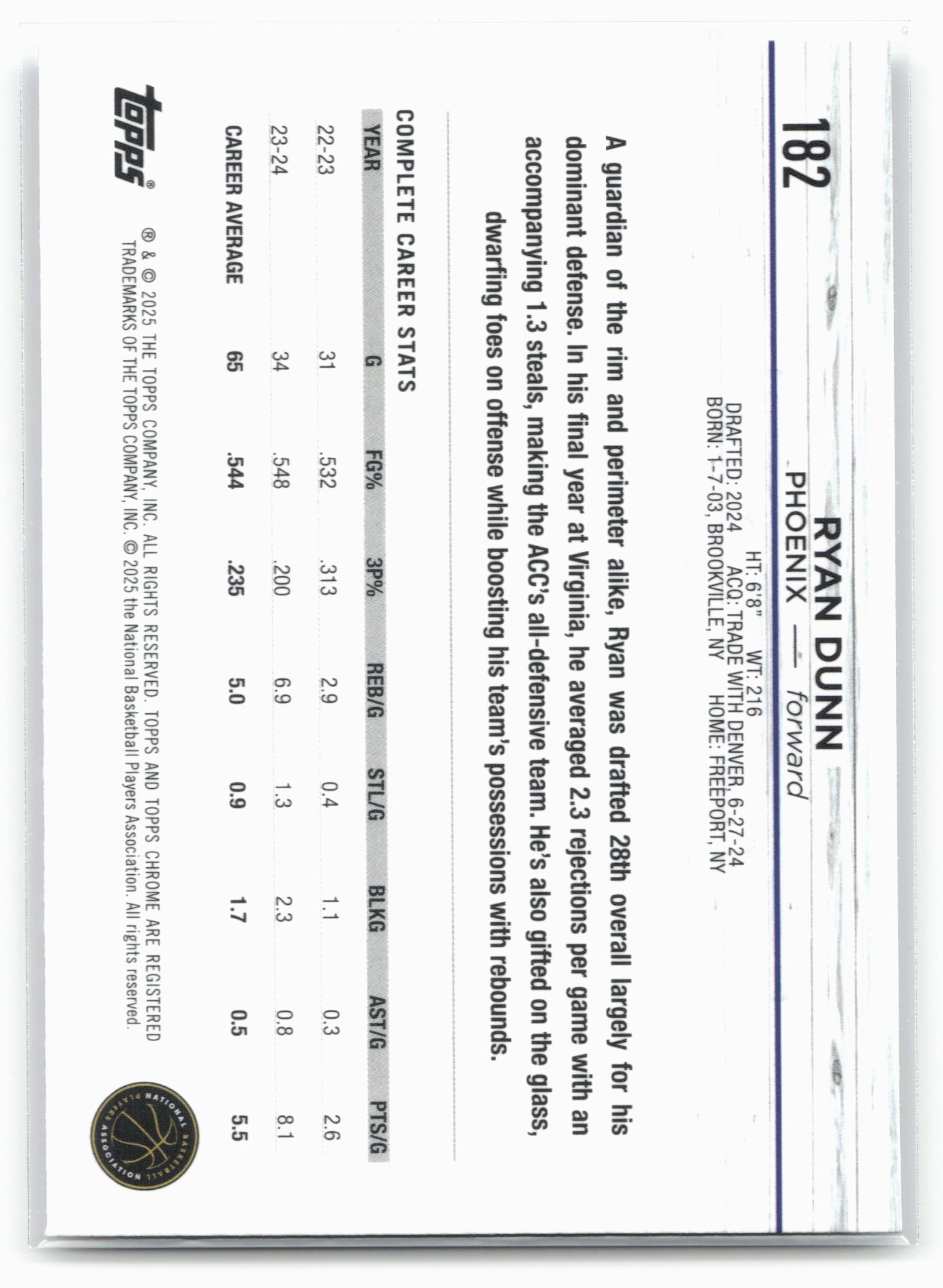 2024-25 Topps Chrome #182 Ryan Dunn