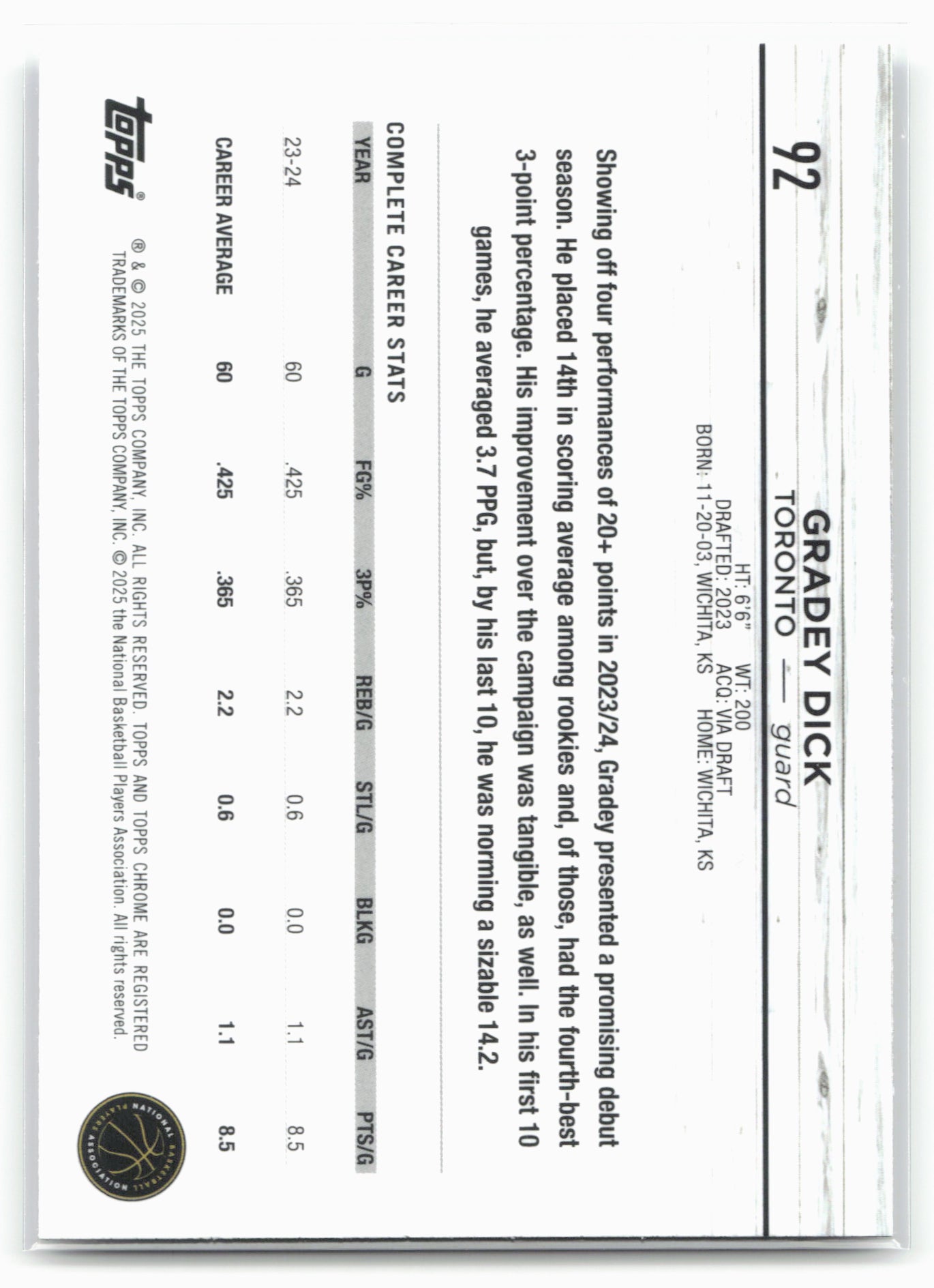 2024-25 Topps Chrome #92 Gradey Dick Prism Refractor