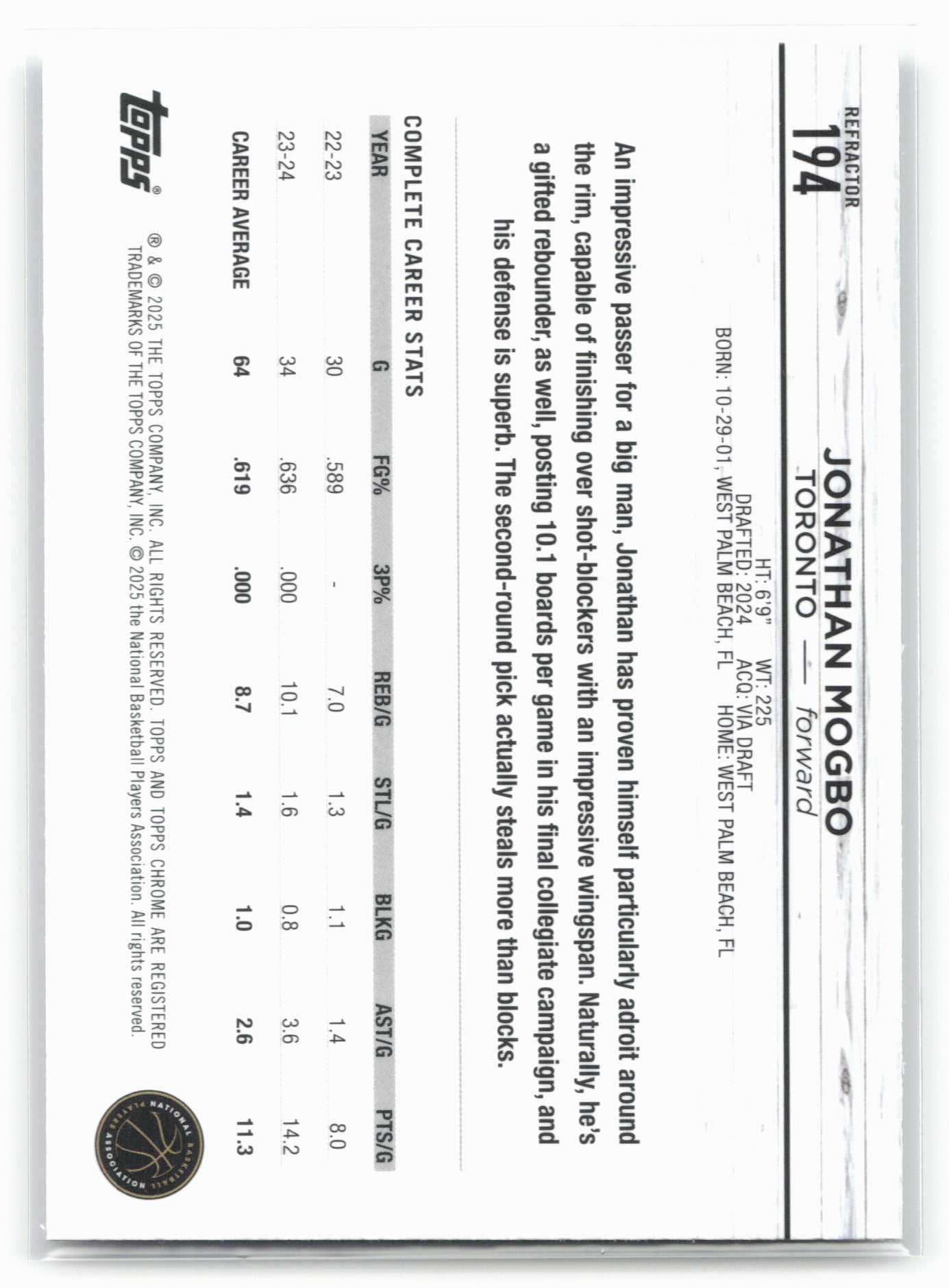 2024-25 Topps Chrome #194 Jonathan Mogbo Refractor