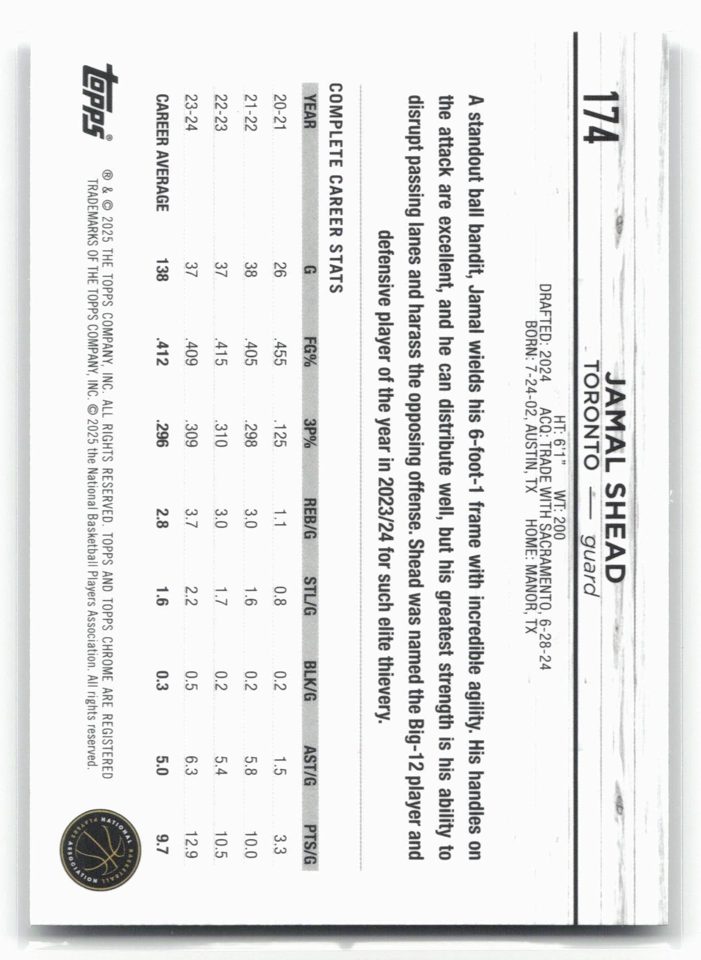 2024-25 Topps Chrome #174 Jamal Shead Topps Green Refractor