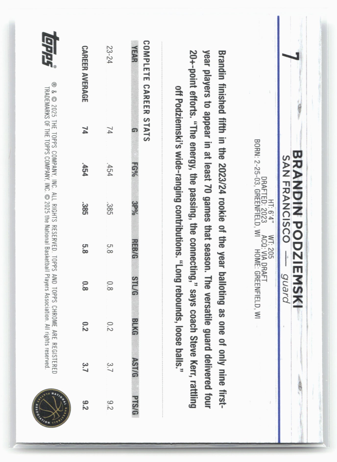 2024-25 Topps Chrome #7 Brandin Podziemski