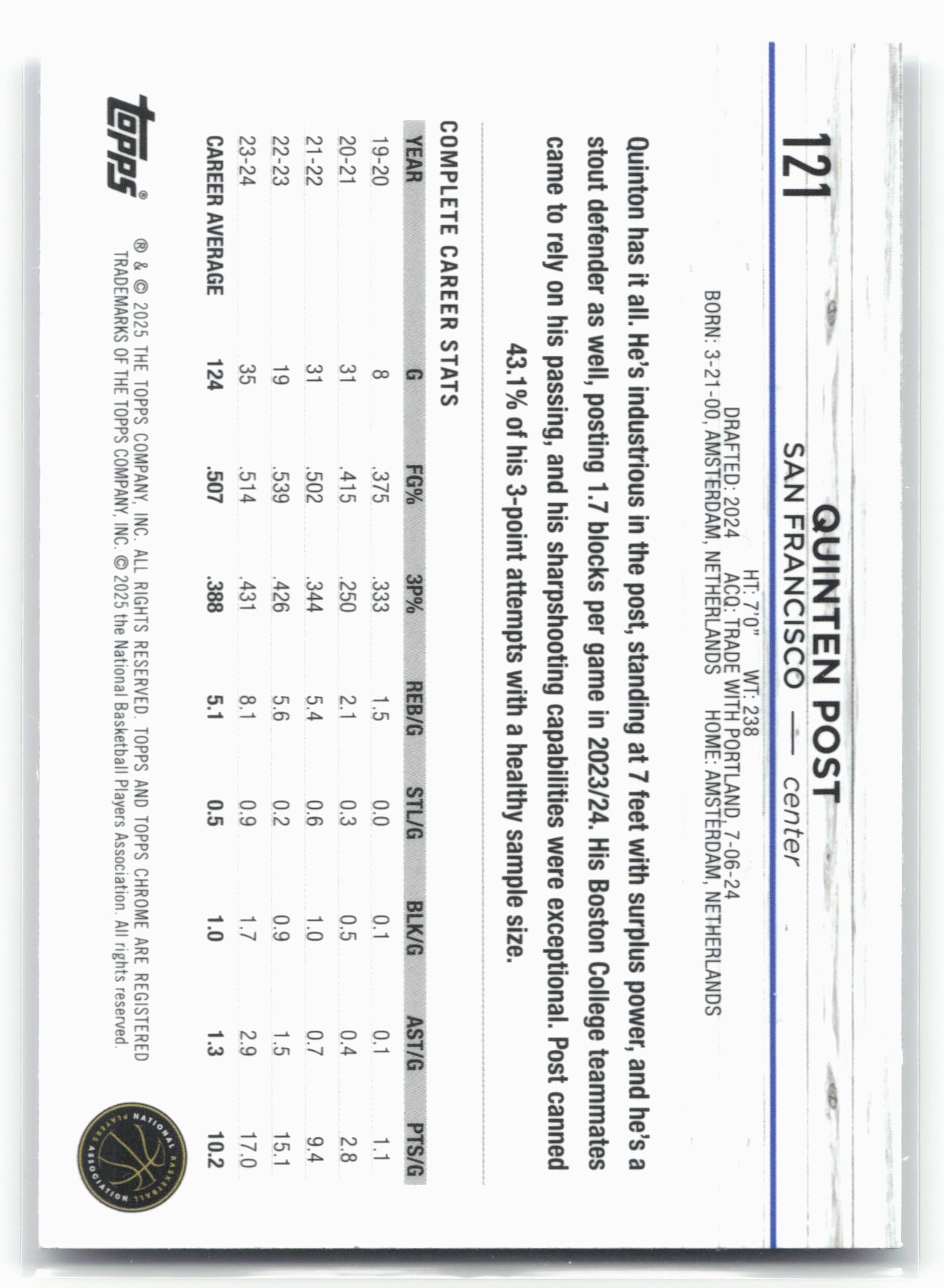 2024-25 Topps Chrome #121 Quinten Post Prism Refractor