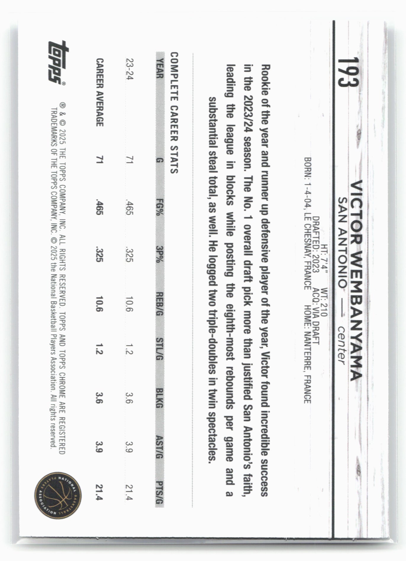 2024-25 Topps Chrome #193 Victor Wembanyama