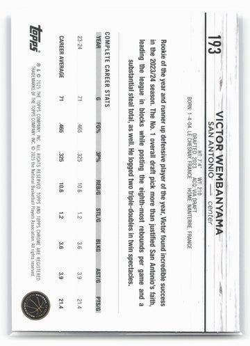 
2024-25 Topps Chrome #193 Victor Wembanyama