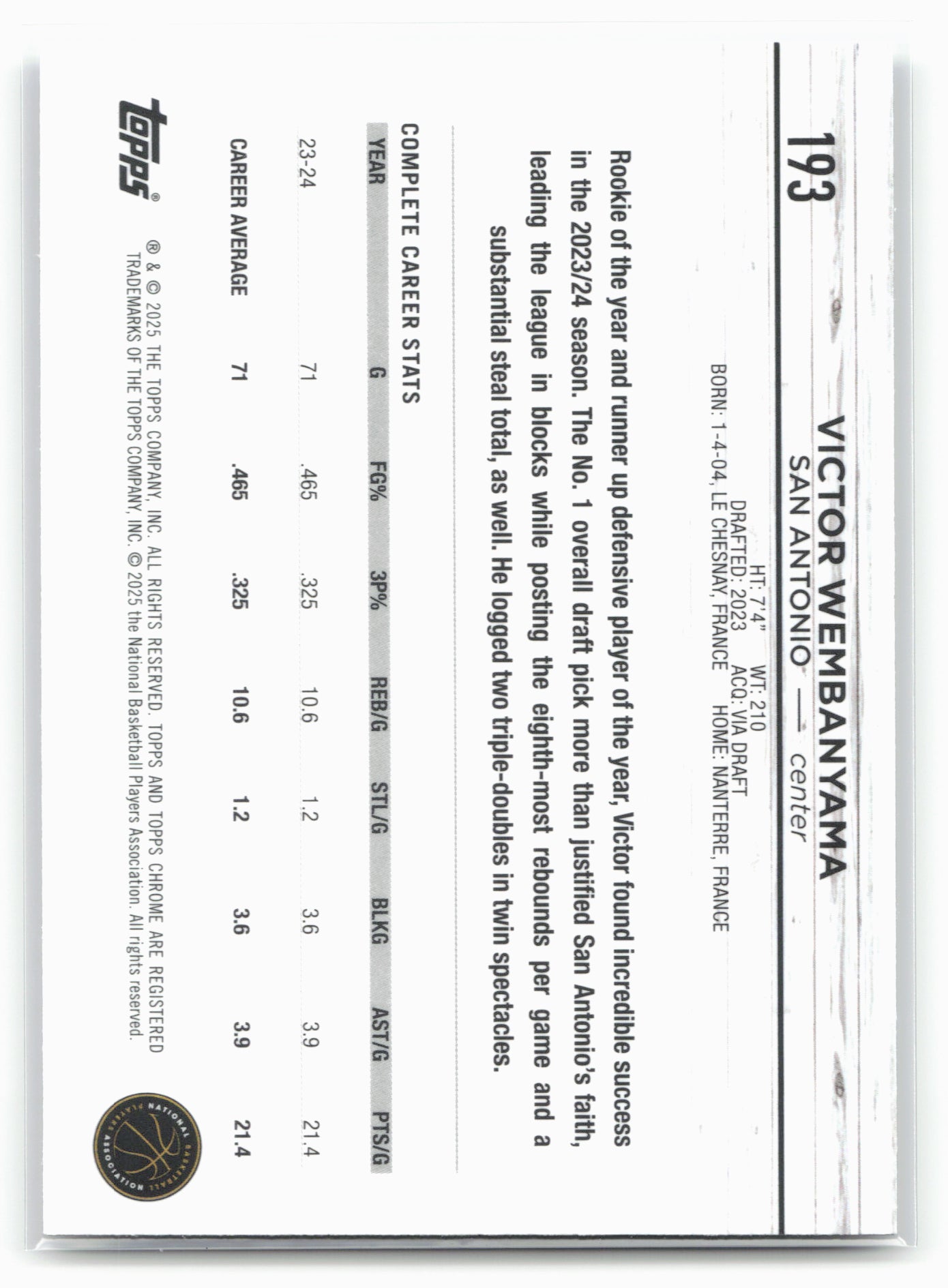 2024-25 Topps Chrome #193 Victor Wembanyama NM1