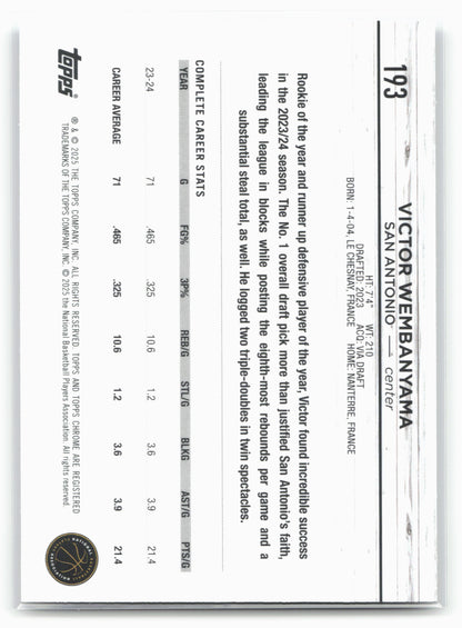 2024-25 Topps Chrome #193 Victor Wembanyama NM1