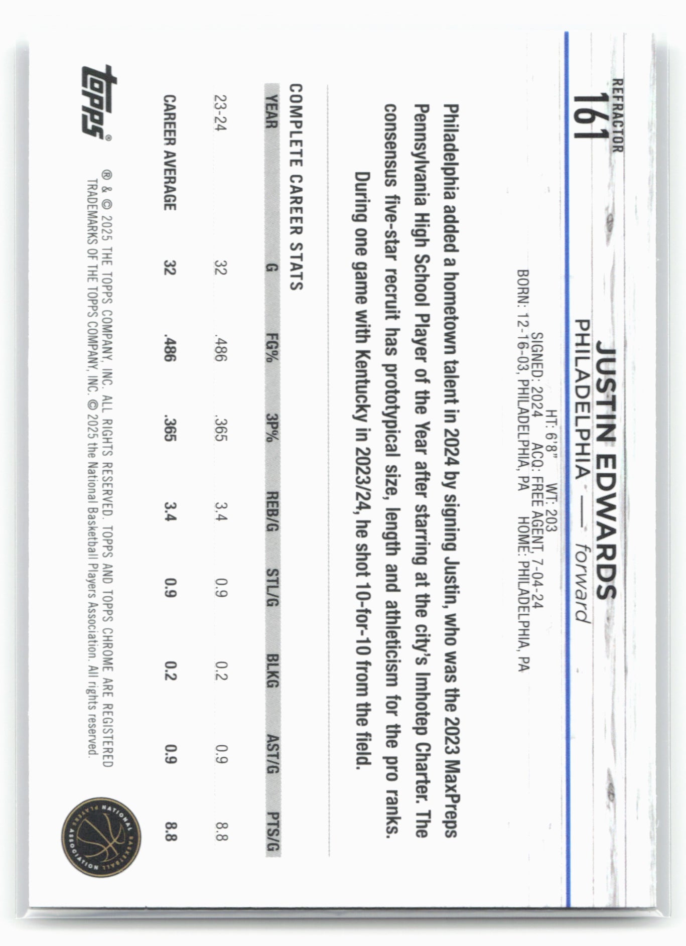 2024-25 Topps Chrome #161 Justin Edwards Refractor