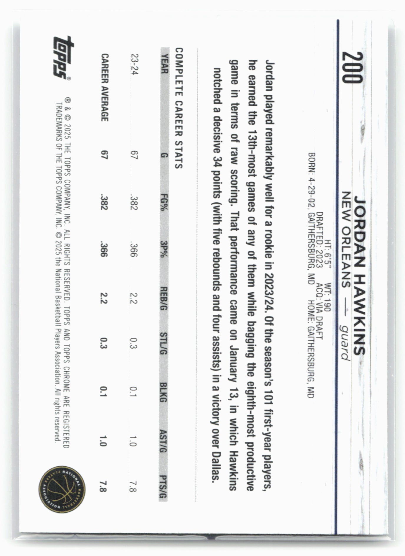 2024-25 Topps Chrome #200 Jordan Hawkins