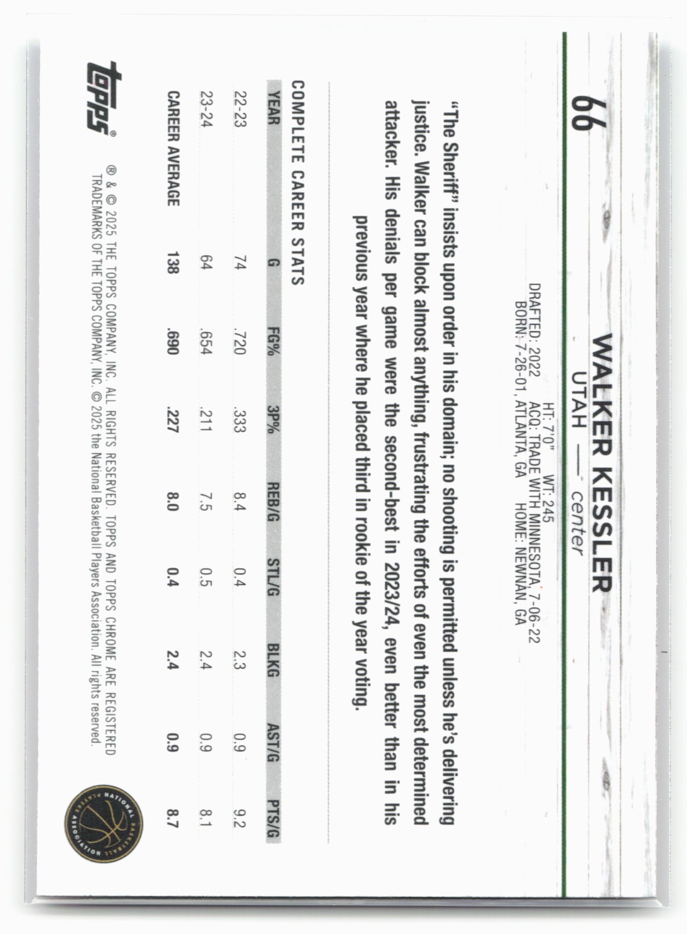 2024-25 Topps Chrome #66 Walker Kessler Pink Refractor