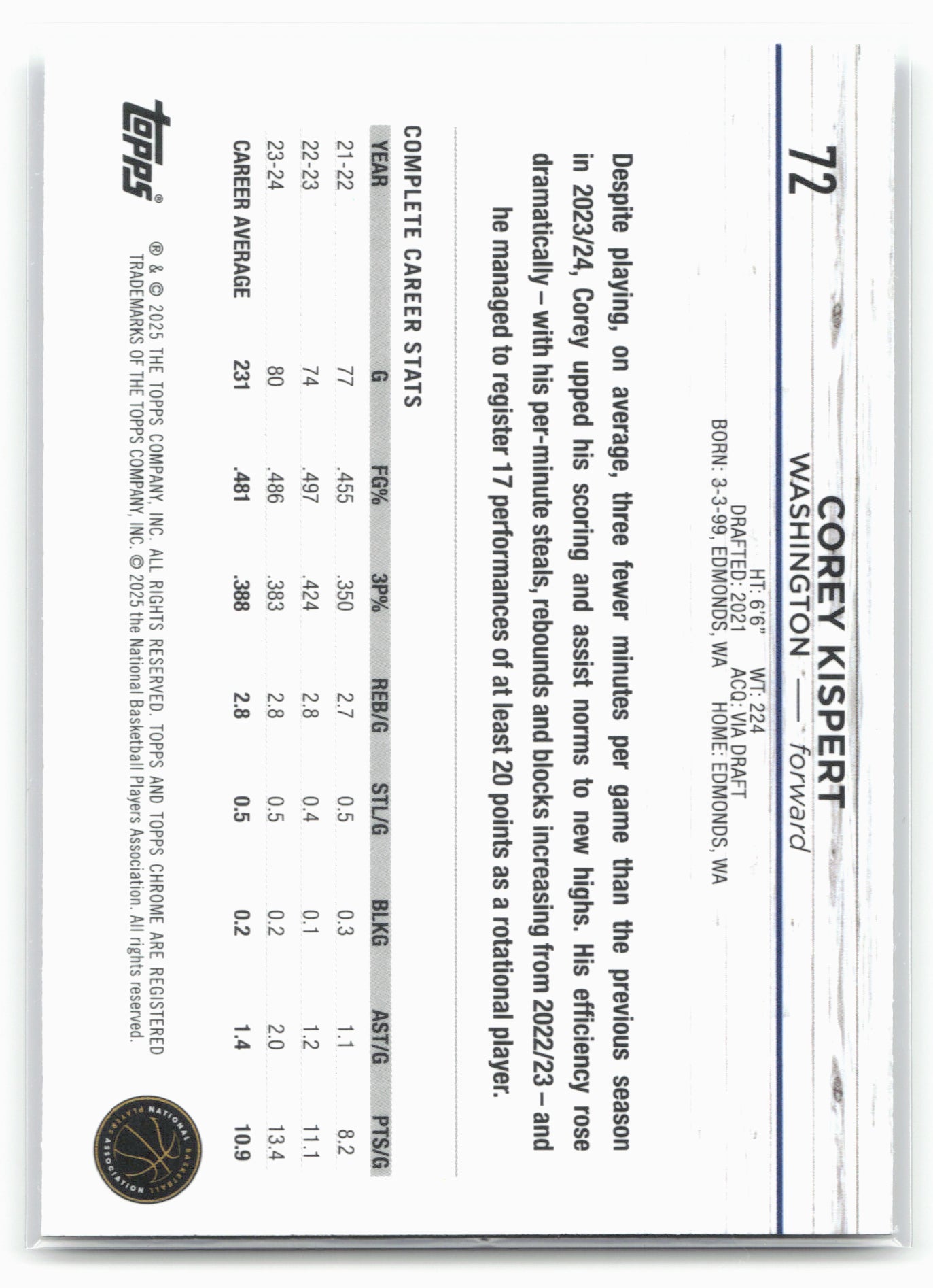 2024-25 Topps Chrome #72 Corey Kispert