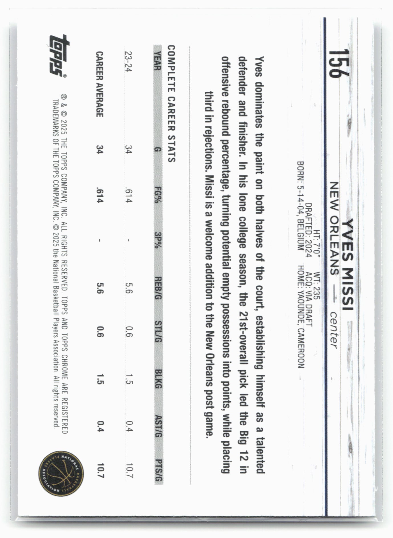 2024-25 Topps Chrome #156 Yves Missi