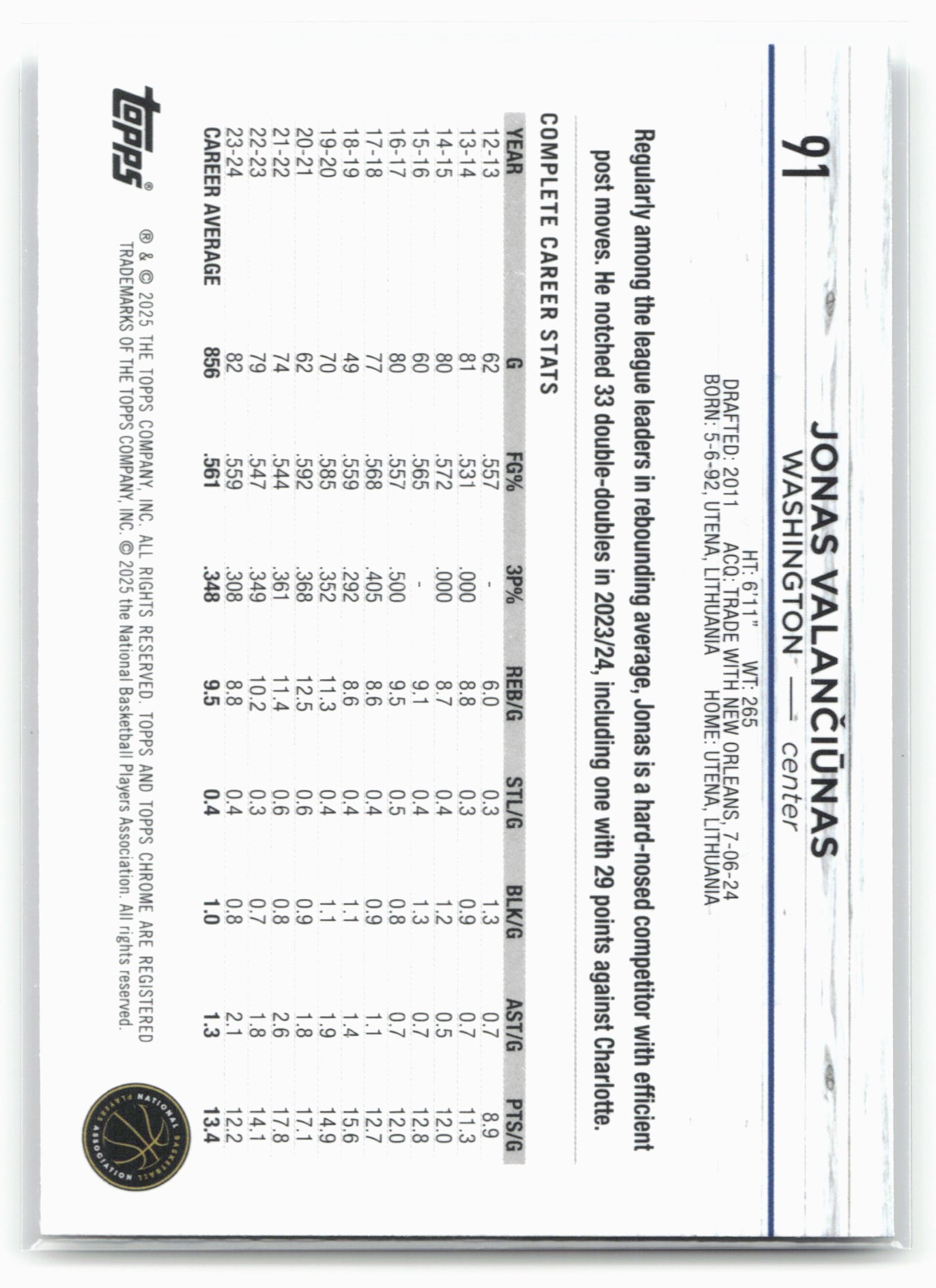 2024-25 Topps Chrome #91 Jonas Valančiūnas