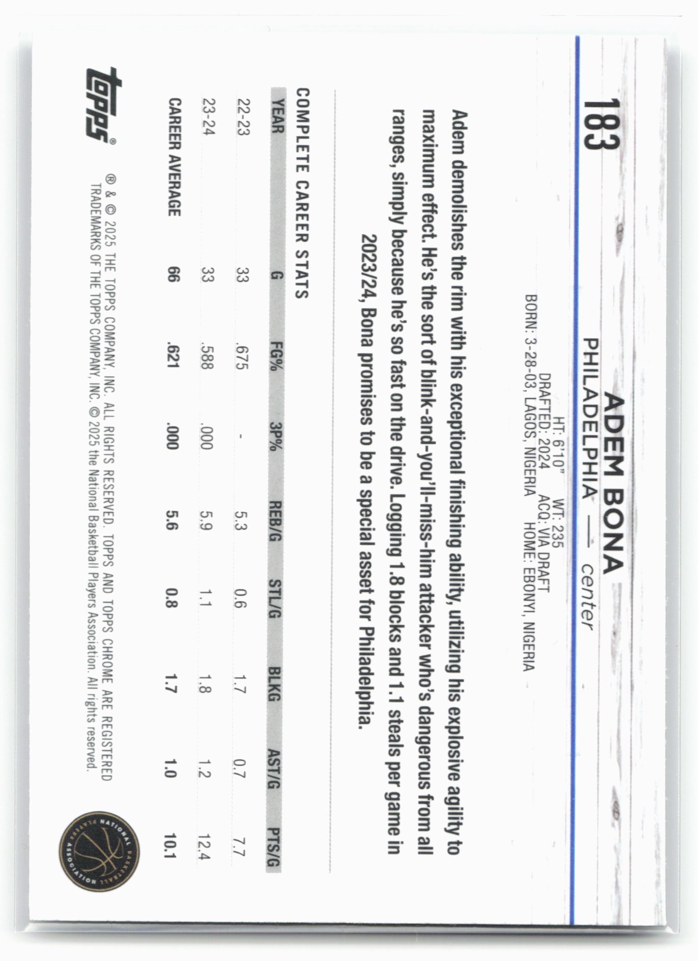 2024-25 Topps Chrome #183 Adem Bona