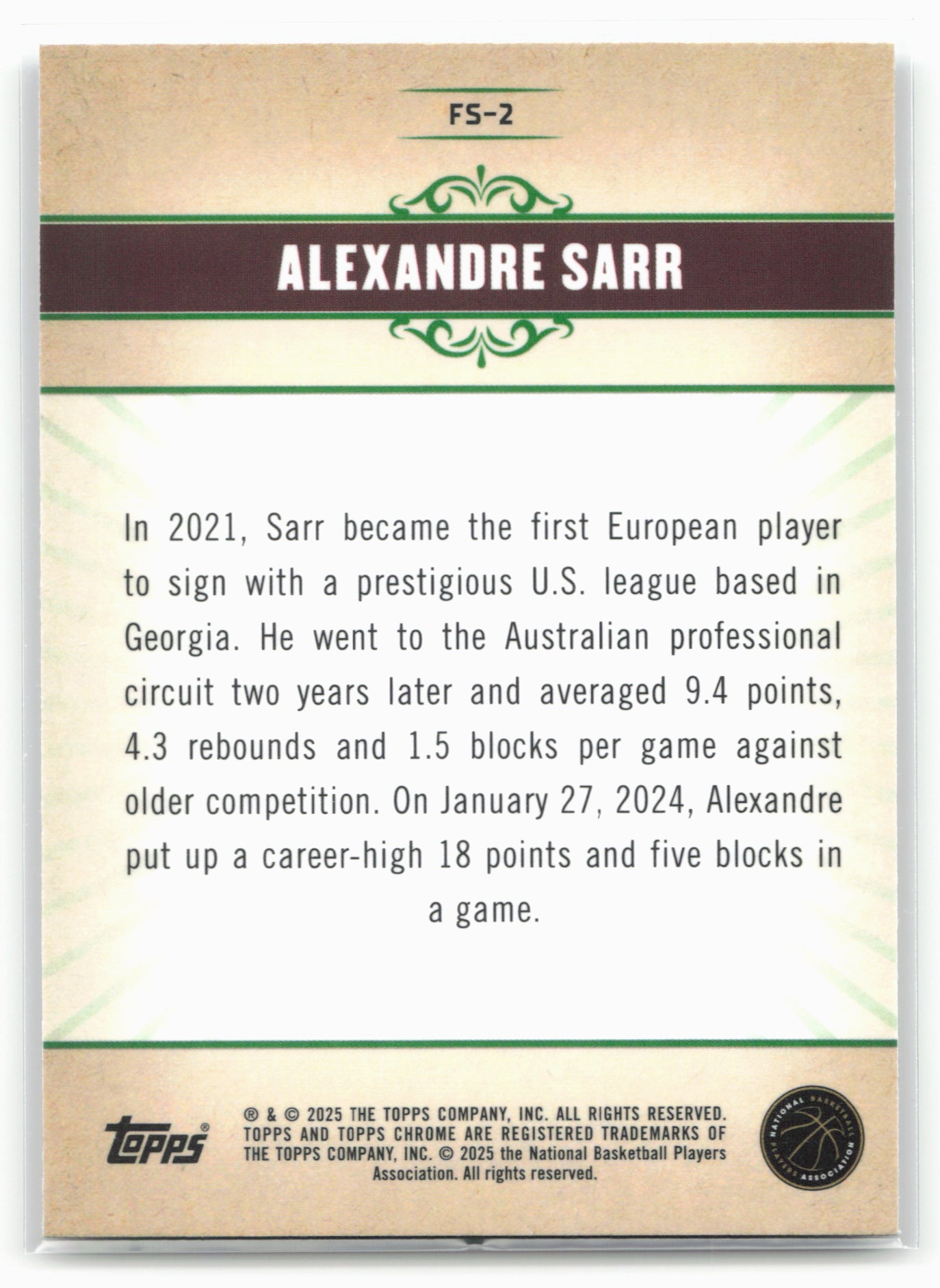 2024-25 Topps Chrome #FS-2 Alexandre Sarr Fresh Start