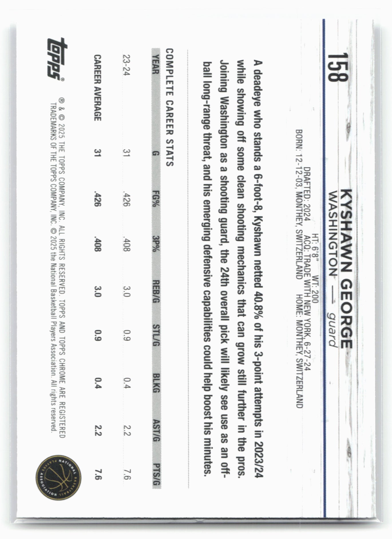 2024-25 Topps Chrome #158 Kyshawn George Purple Speckle Refractor #/275