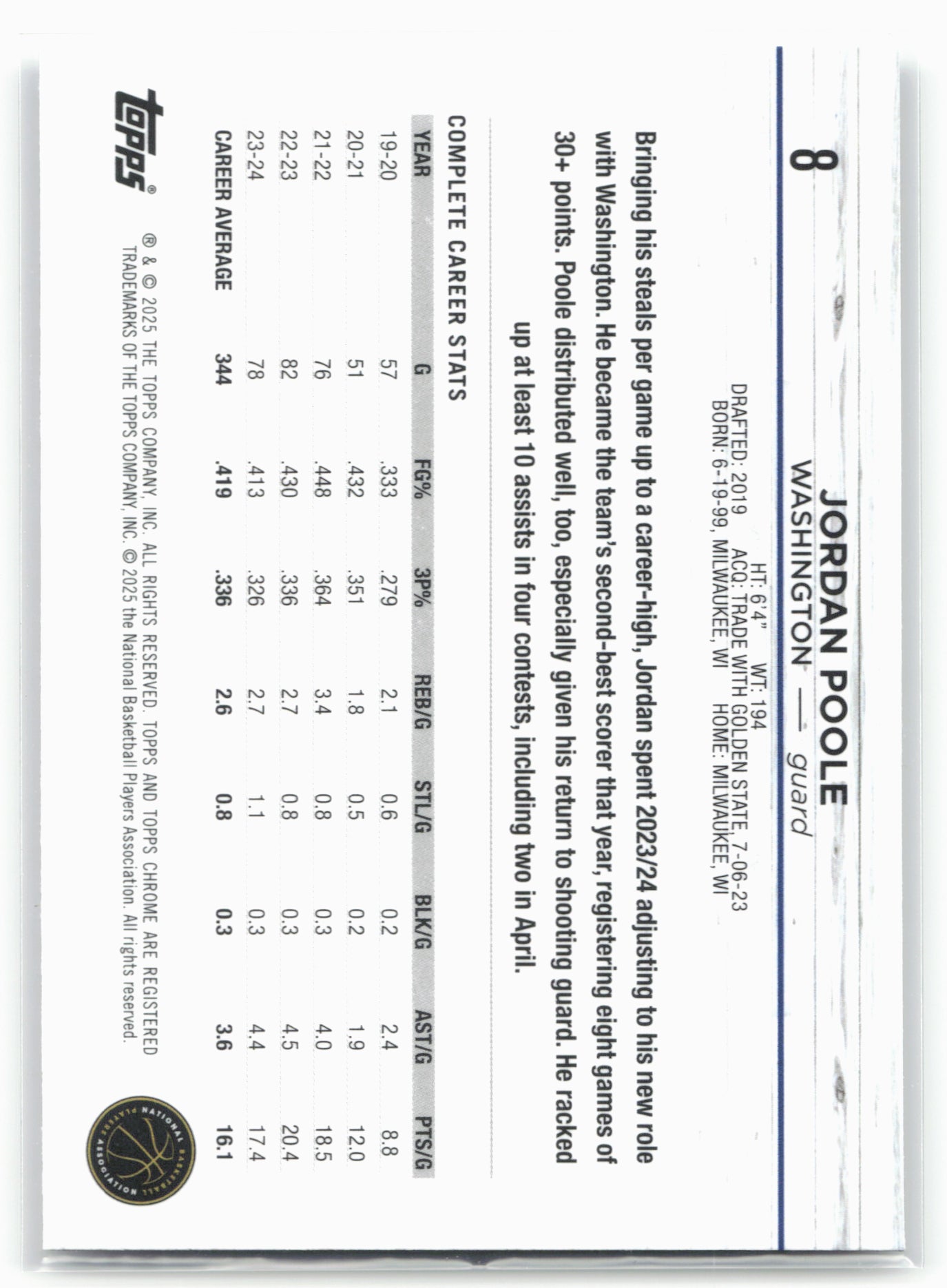 2024-25 Topps Chrome #8 Jordan Poole