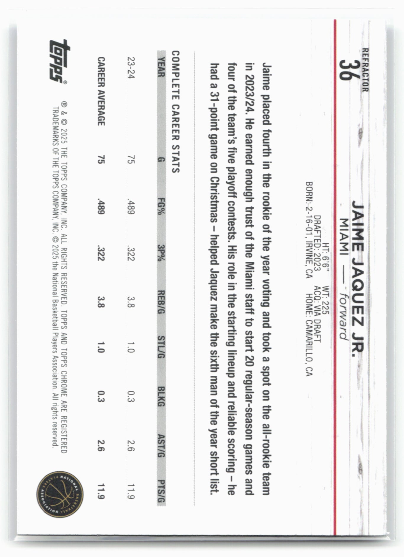 2024-25 Topps Chrome #36 Jaime Jaquez Jr. Refractor