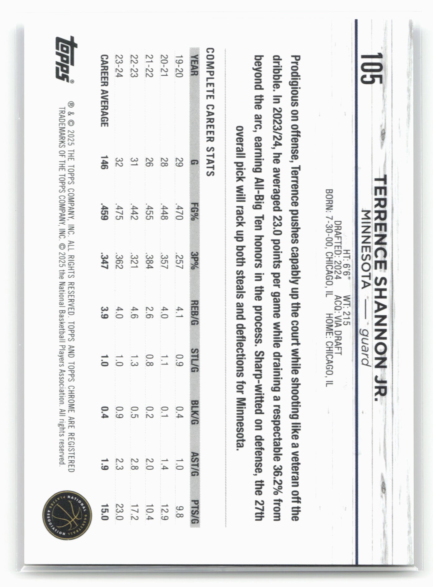 2024-25 Topps Chrome #105 Terrence Shannon Jr. Gold Refractor #/50