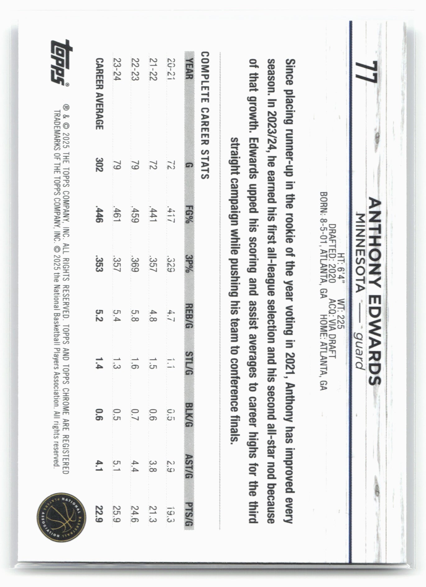 2024-25 Topps Chrome #77 Anthony Edwards