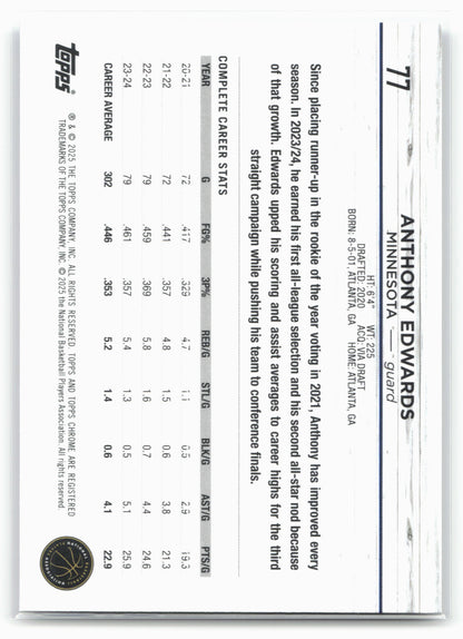 2024-25 Topps Chrome #77 Anthony Edwards