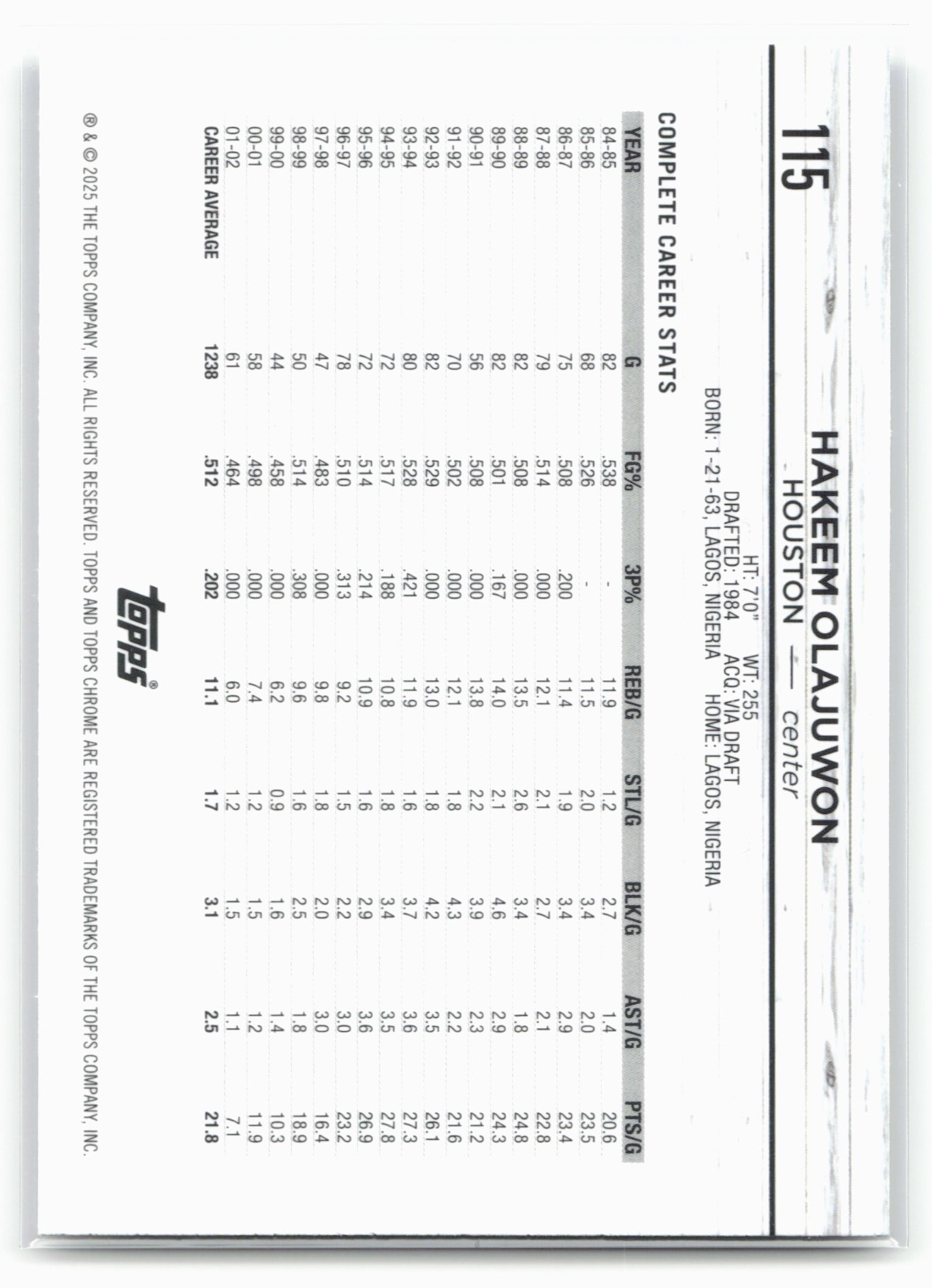 2024-25 Topps Chrome #115 Hakeem Olajuwon