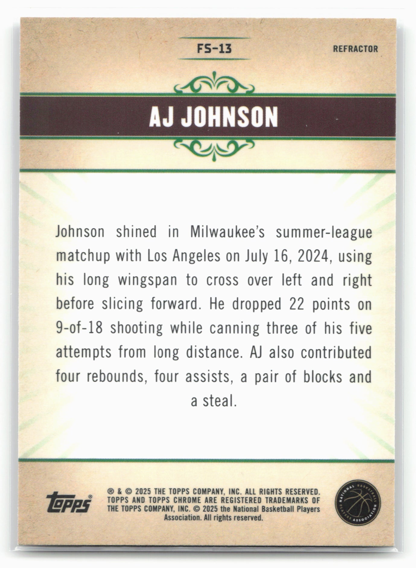 2024-25 Topps Chrome #FS-13 AJ Johnson Fresh Start Refractor
