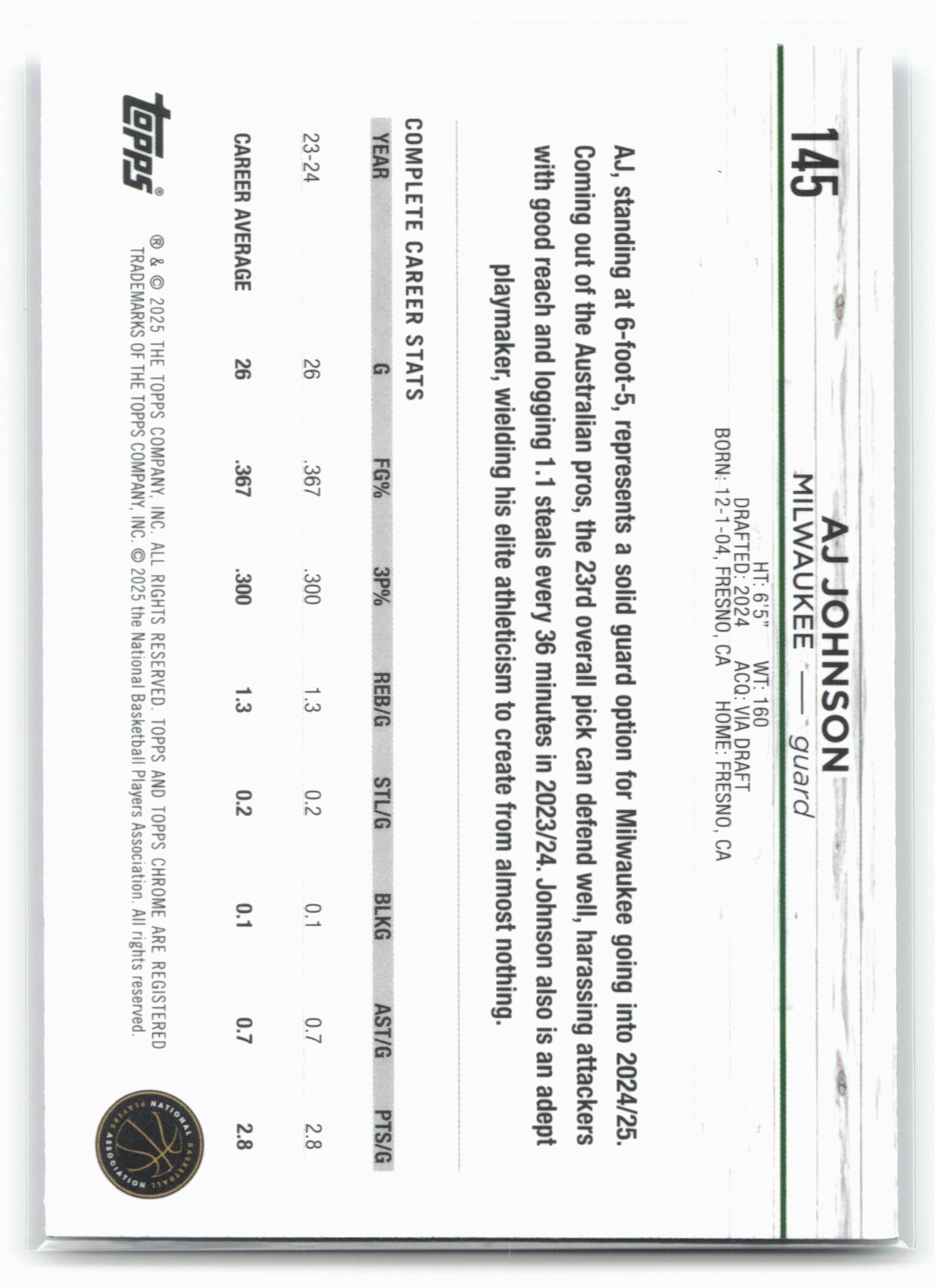 2024-25 Topps Chrome #145 AJ Johnson