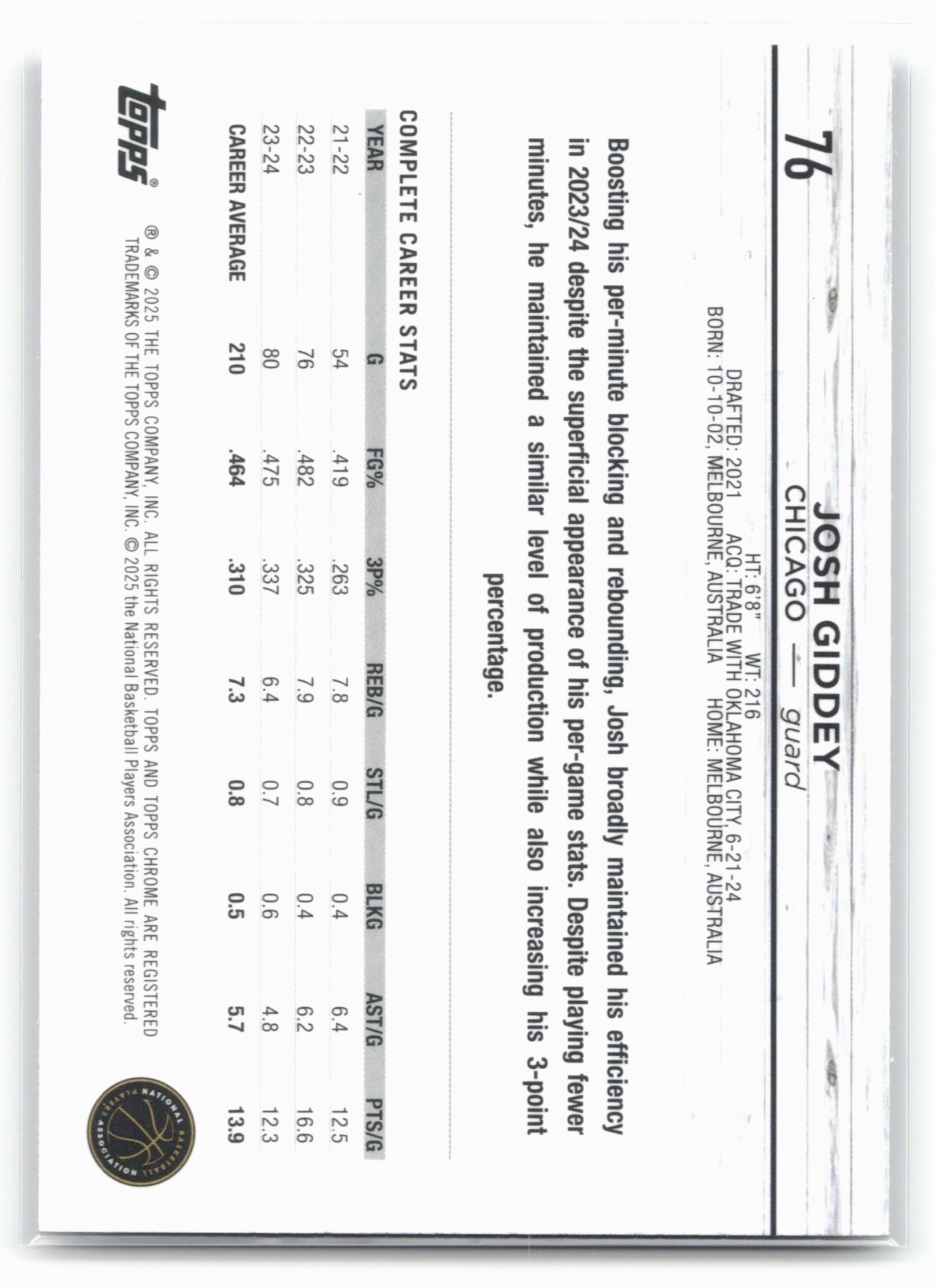 2024-25 Topps Chrome #76 Josh Giddey