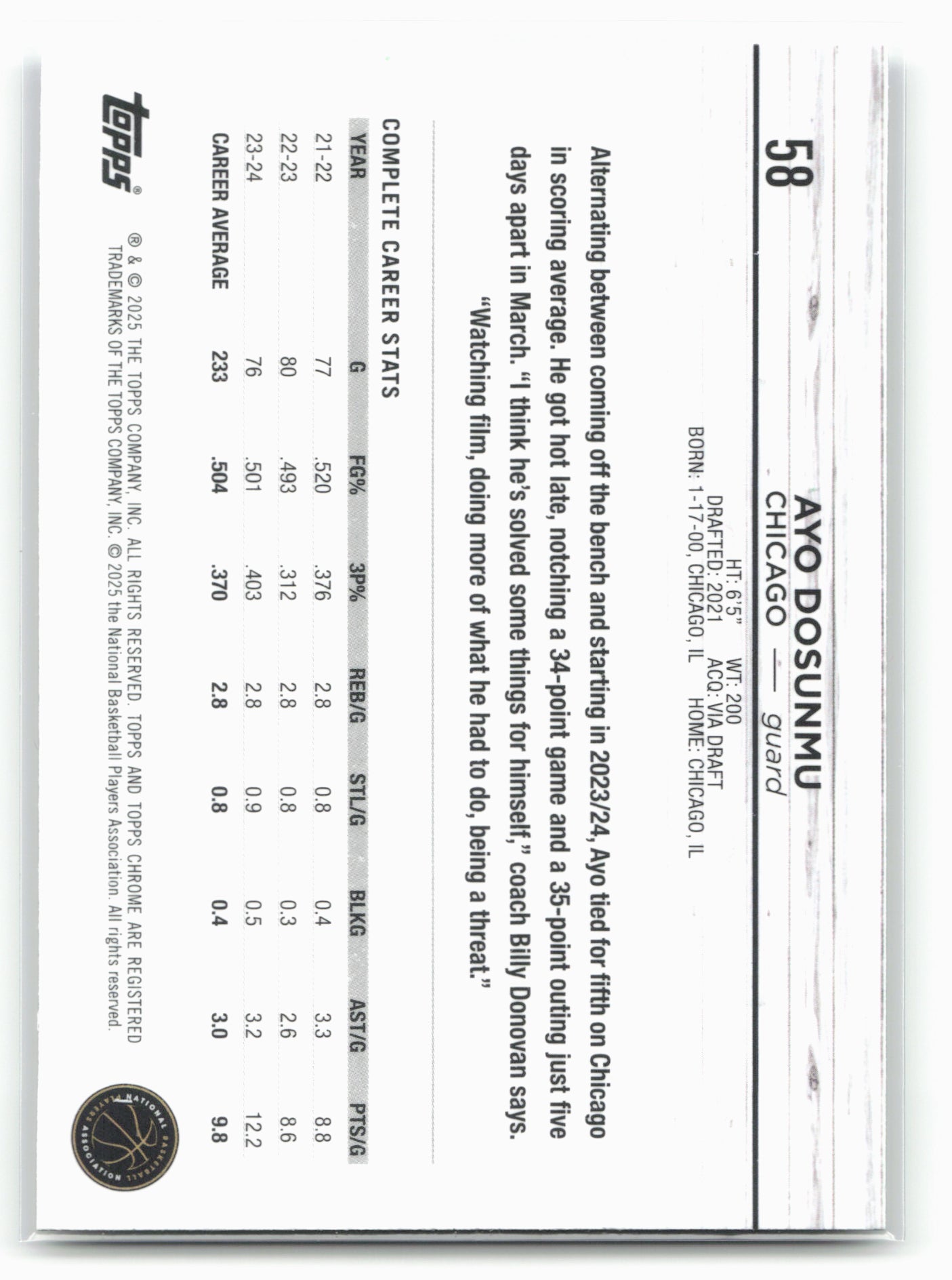 2024-25 Topps Chrome #58 Ayo Dosunmu Topps Green Refractor