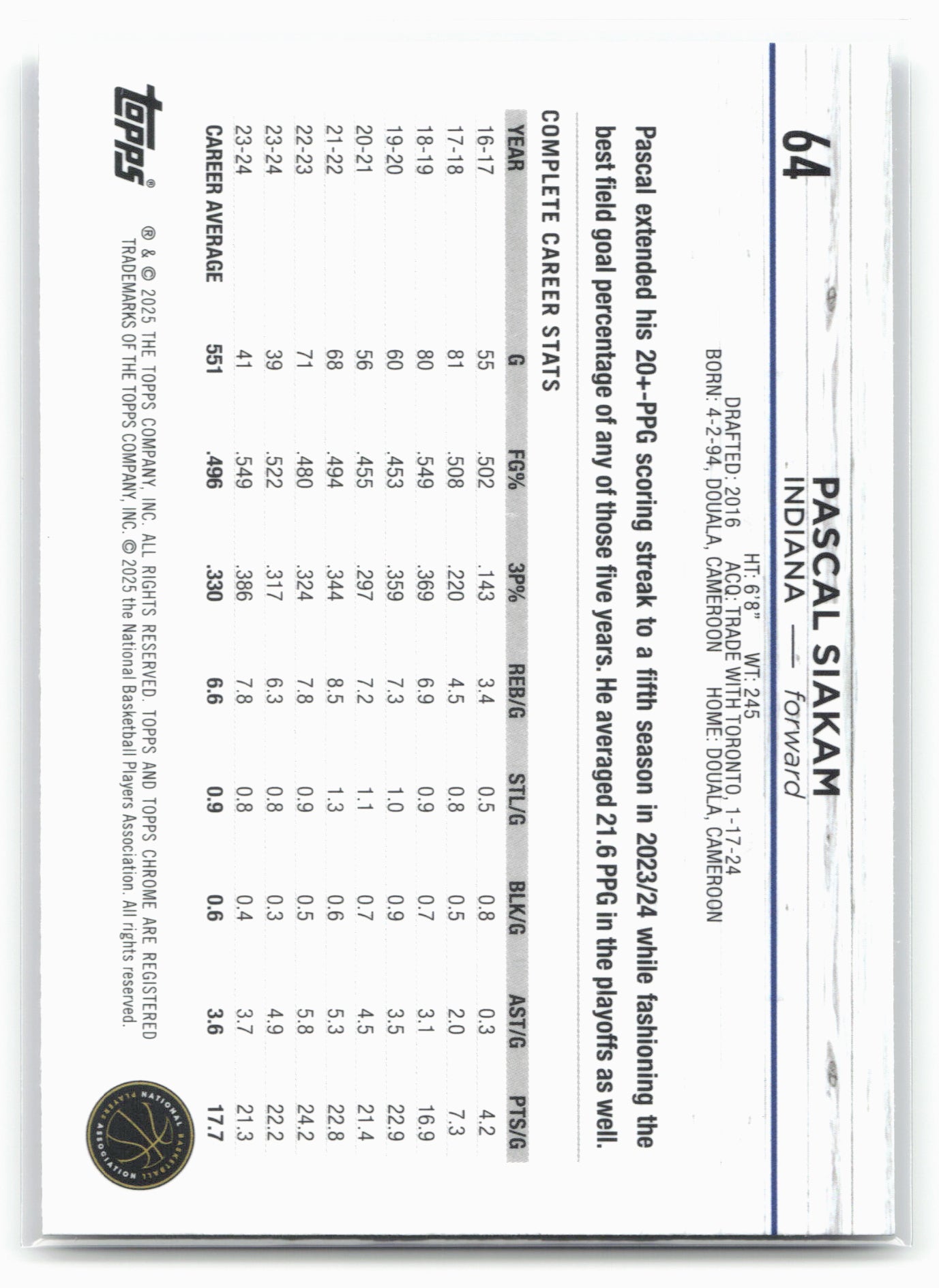 2024-25 Topps Chrome #64 Pascal Siakam