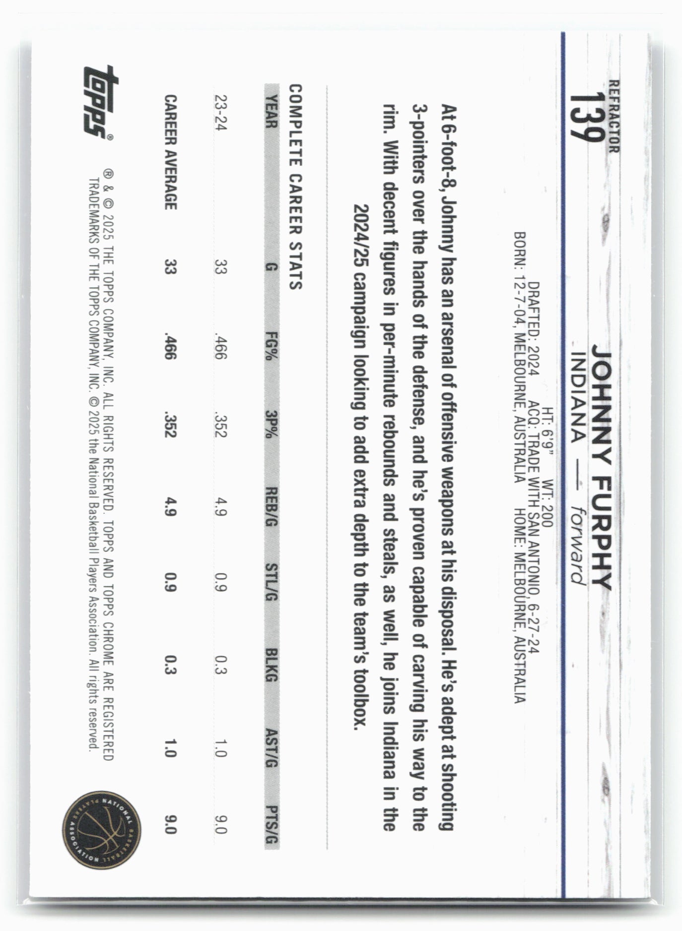 2024-25 Topps Chrome #139 Johnny Furphy Refractor