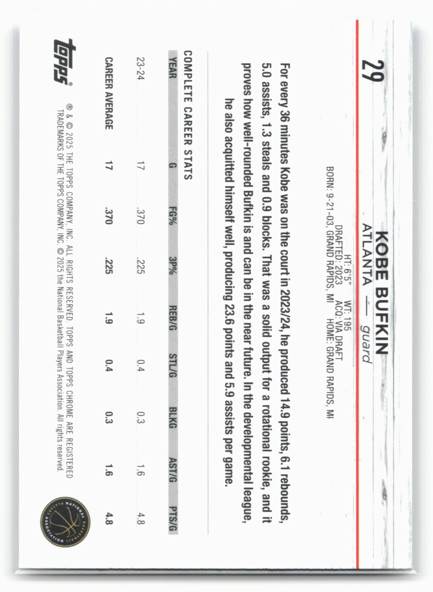 2024-25 Topps Chrome #29 Kobe Bufkin